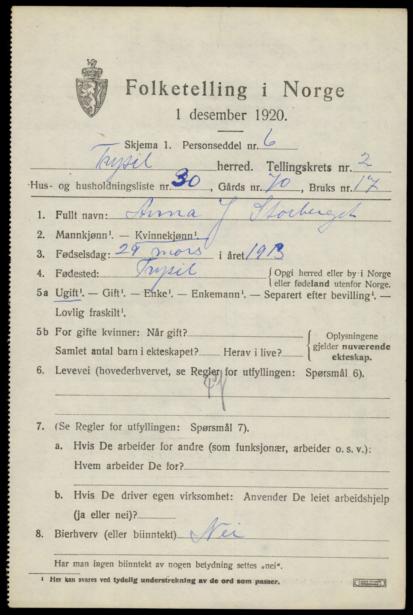 SAH, 1920 census for Trysil, 1920, p. 3453
