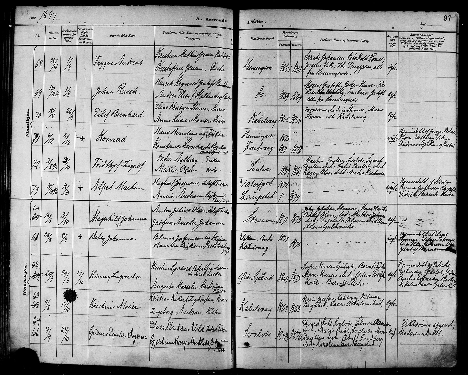 Ministerialprotokoller, klokkerbøker og fødselsregistre - Nordland, AV/SAT-A-1459/874/L1060: Parish register (official) no. 874A04, 1890-1899, p. 97