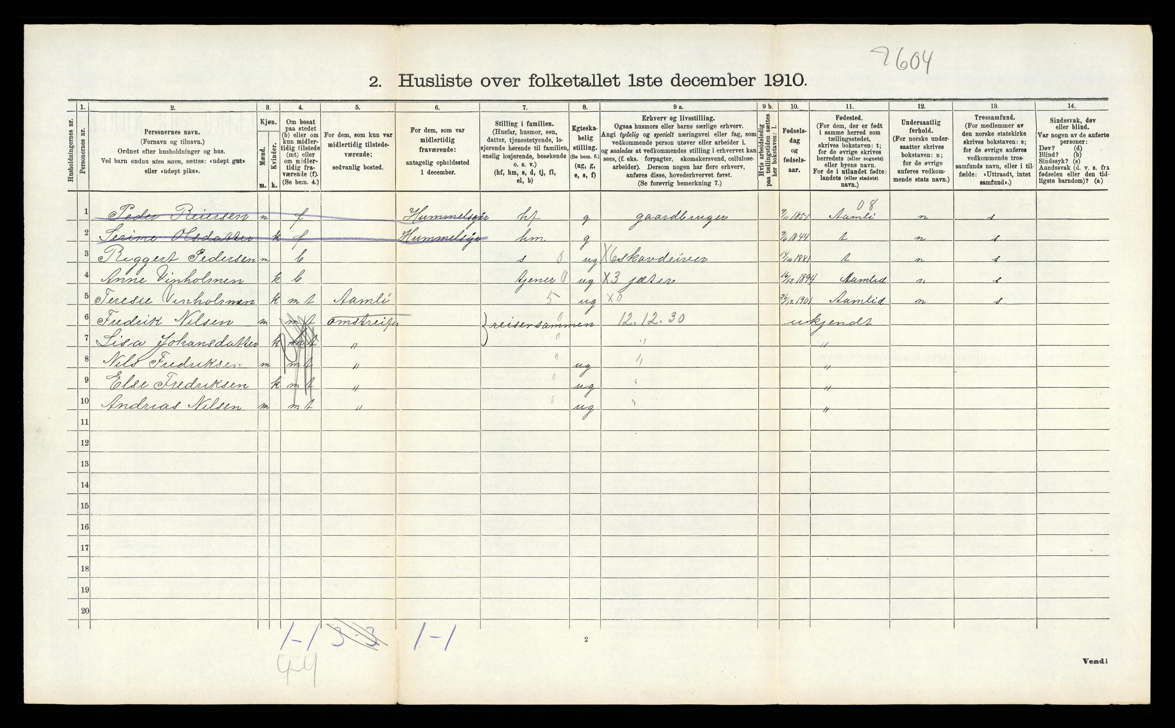 RA, 1910 census for Vegårshei, 1910, p. 369