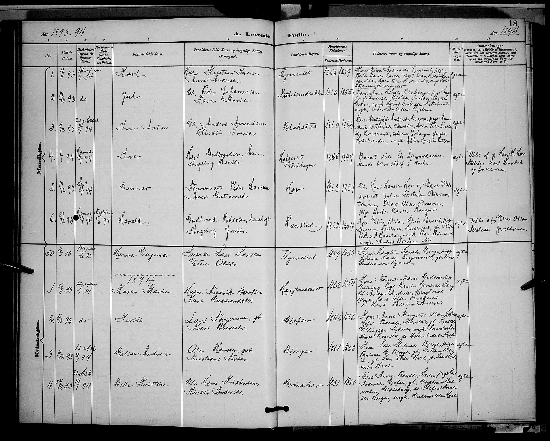 Gran prestekontor, SAH/PREST-112/H/Ha/Hab/L0005: Parish register (copy) no. 5, 1892-1900, p. 18