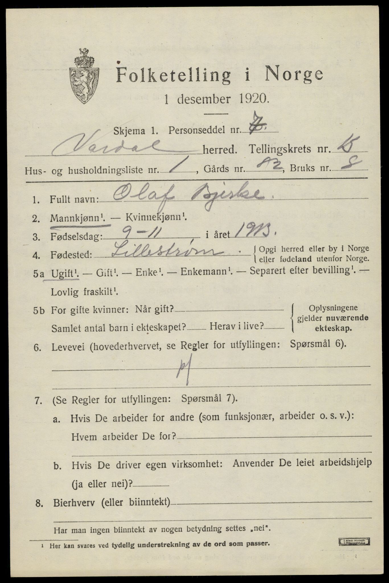 SAH, 1920 census for Vardal, 1920, p. 13809