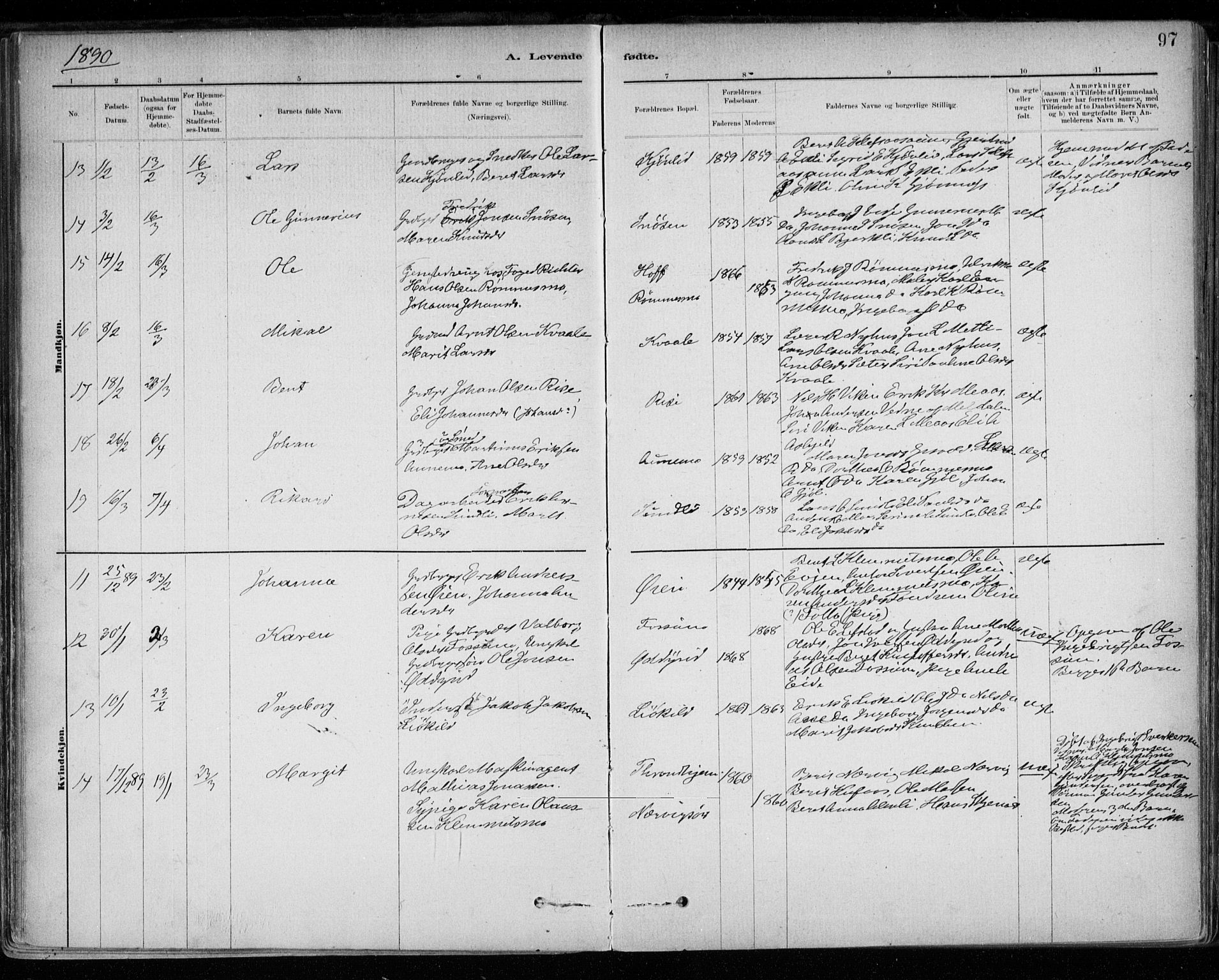 Ministerialprotokoller, klokkerbøker og fødselsregistre - Sør-Trøndelag, AV/SAT-A-1456/668/L0809: Parish register (official) no. 668A09, 1881-1895, p. 97