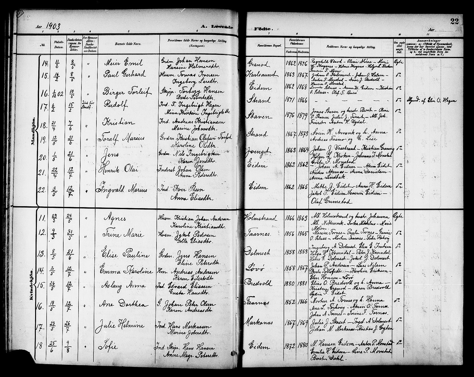 Ministerialprotokoller, klokkerbøker og fødselsregistre - Sør-Trøndelag, AV/SAT-A-1456/655/L0688: Parish register (copy) no. 655C04, 1899-1922, p. 22