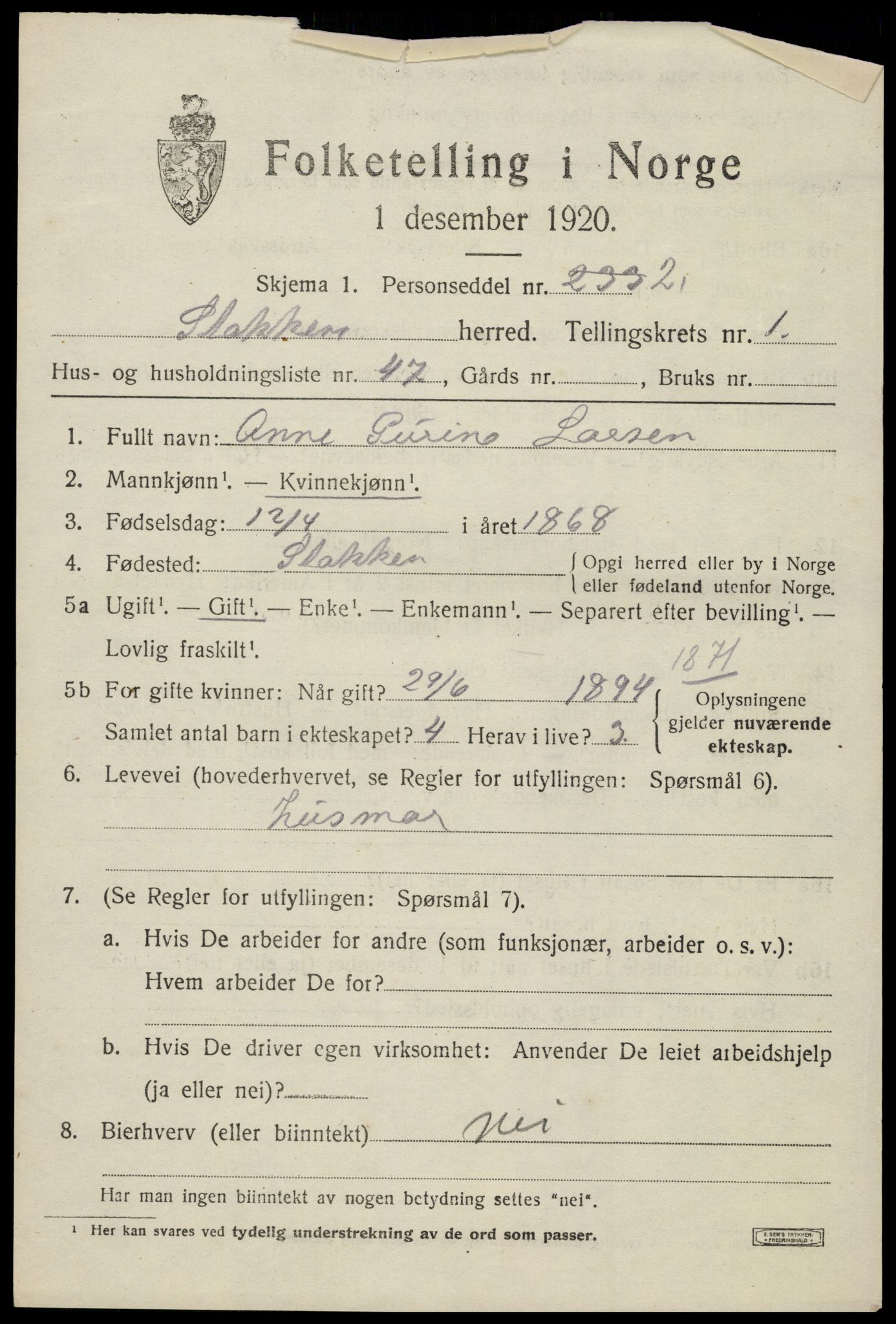 SAK, 1920 census for Stokken, 1920, p. 1034