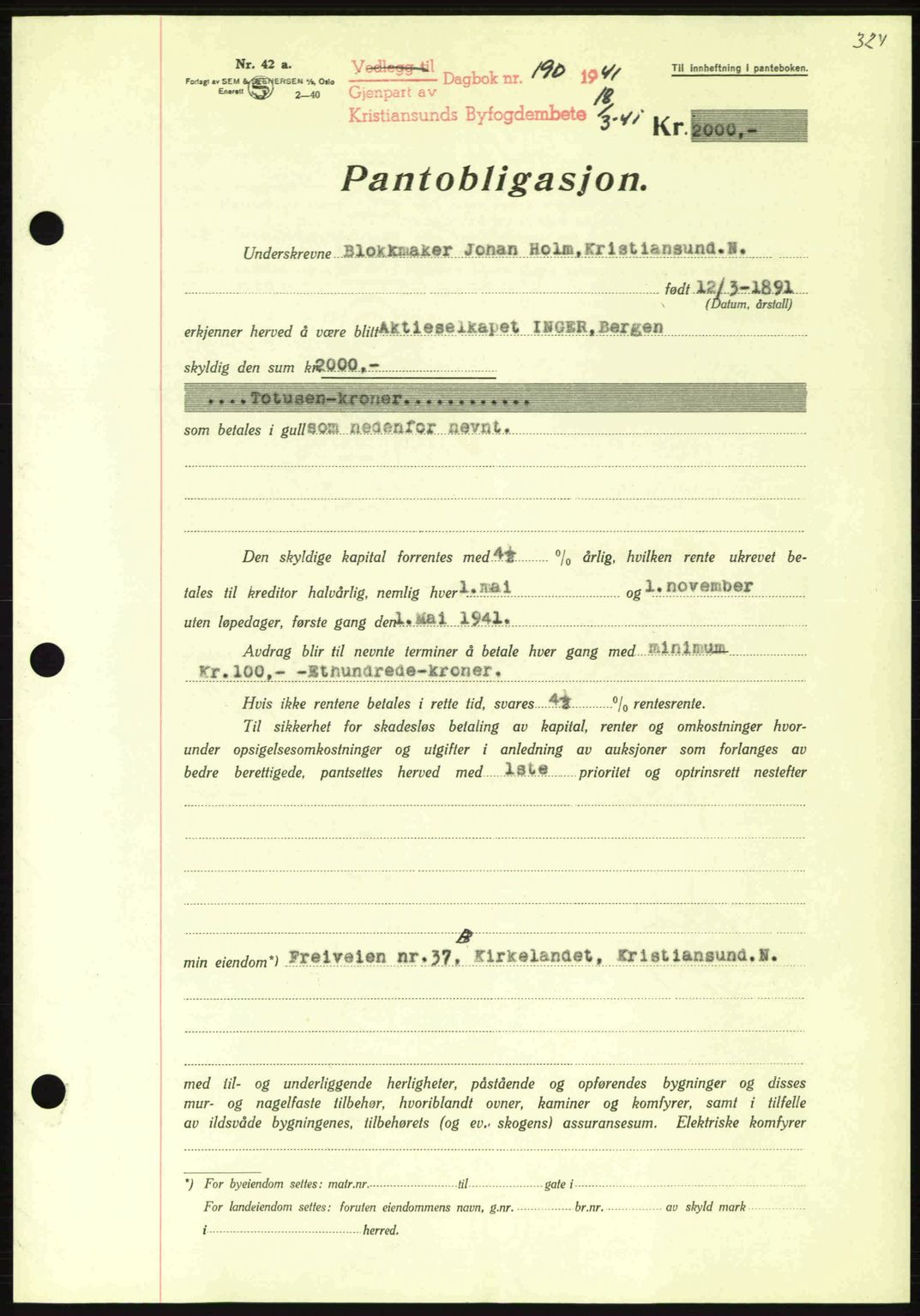 Kristiansund byfogd, AV/SAT-A-4587/A/27: Mortgage book no. 33, 1939-1941, Diary no: : 190/1941