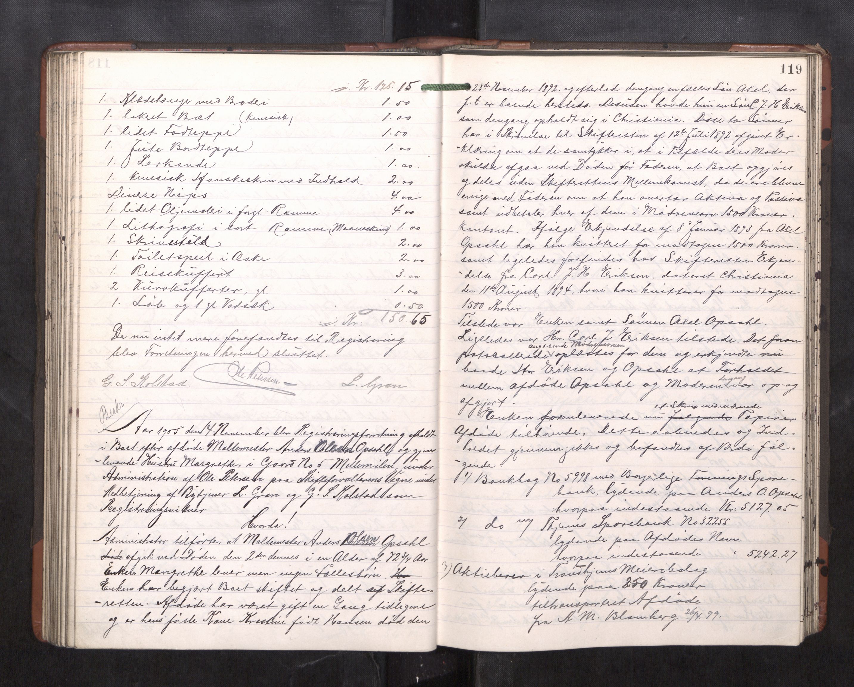 Trondheim byfogd, AV/SAT-A-0003/1/3/3C/L0023: Skifteregistreringsprotokoll - 11/2-15/5. (u/ register), 1905-1907, p. 119