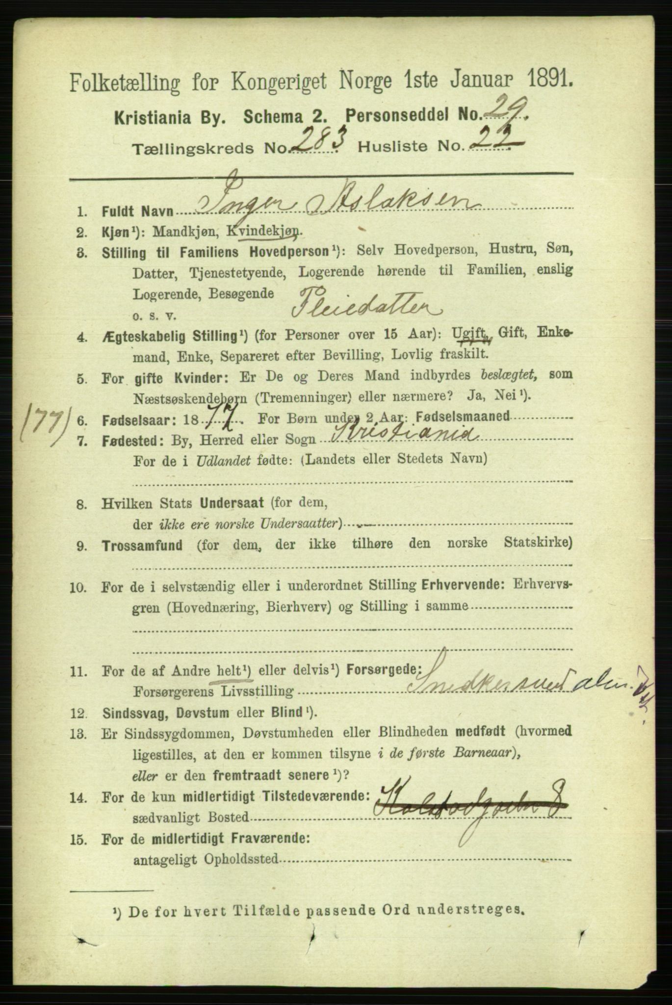 RA, 1891 census for 0301 Kristiania, 1891, p. 173416