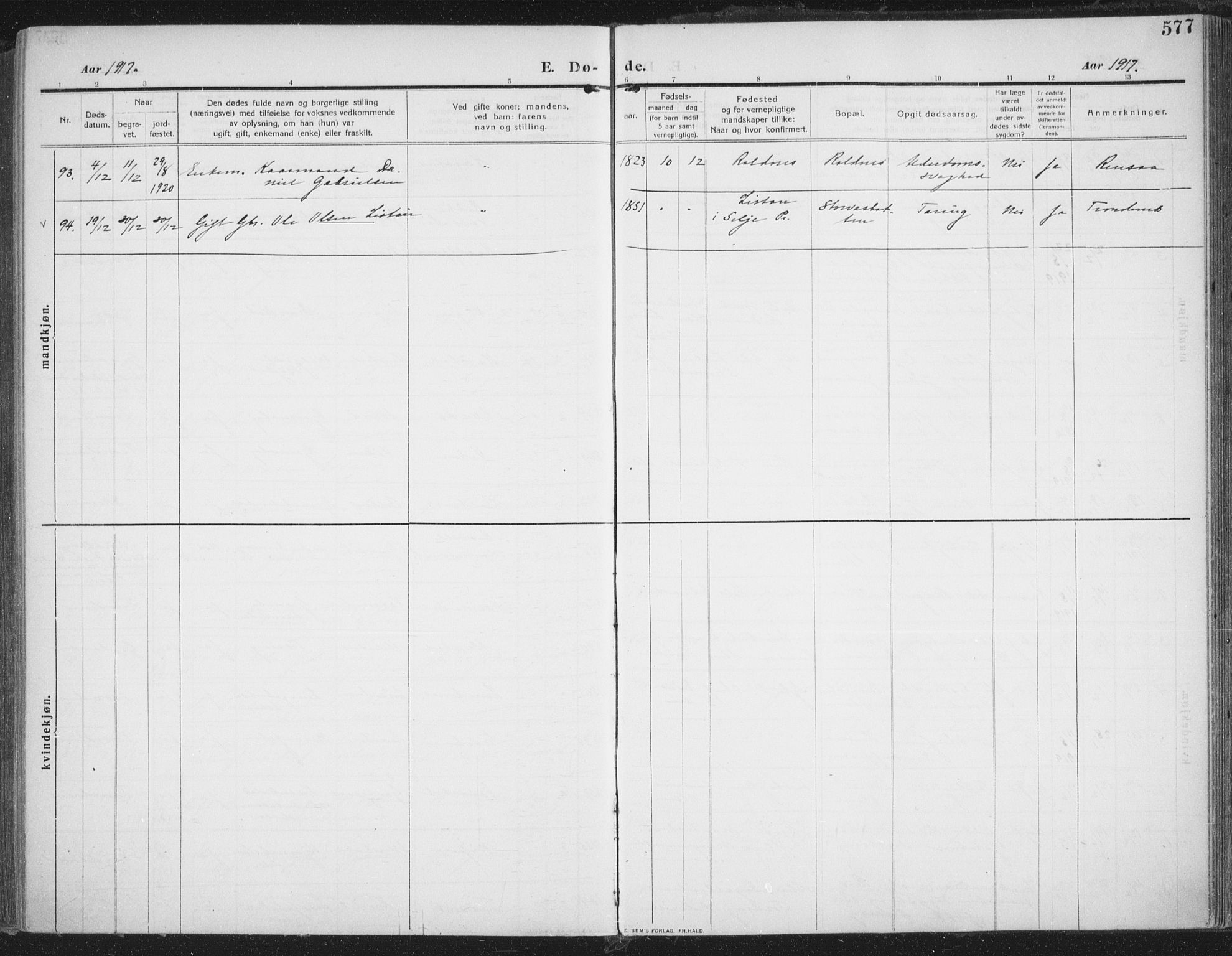 Trondenes sokneprestkontor, SATØ/S-1319/H/Ha/L0018kirke: Parish register (official) no. 18, 1909-1918, p. 577