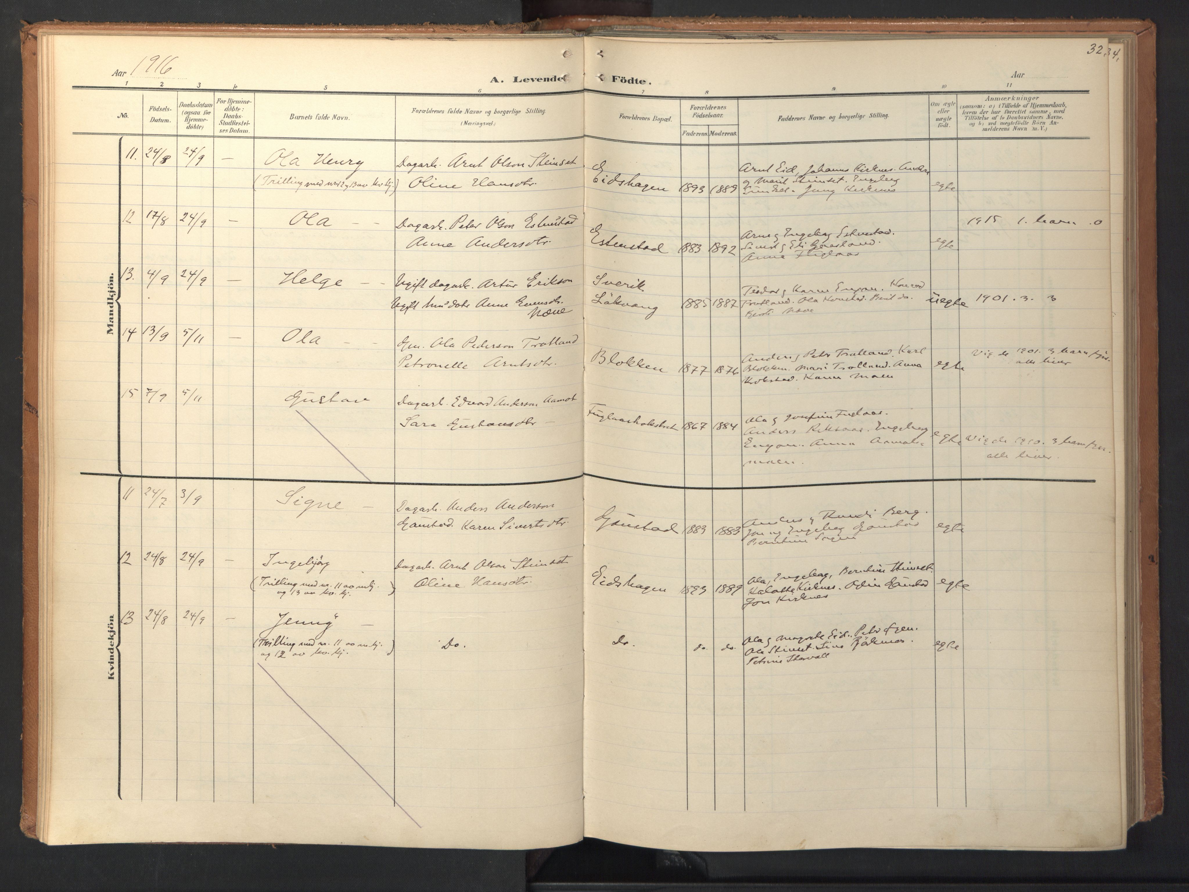 Ministerialprotokoller, klokkerbøker og fødselsregistre - Sør-Trøndelag, SAT/A-1456/694/L1128: Parish register (official) no. 694A02, 1906-1931, p. 32