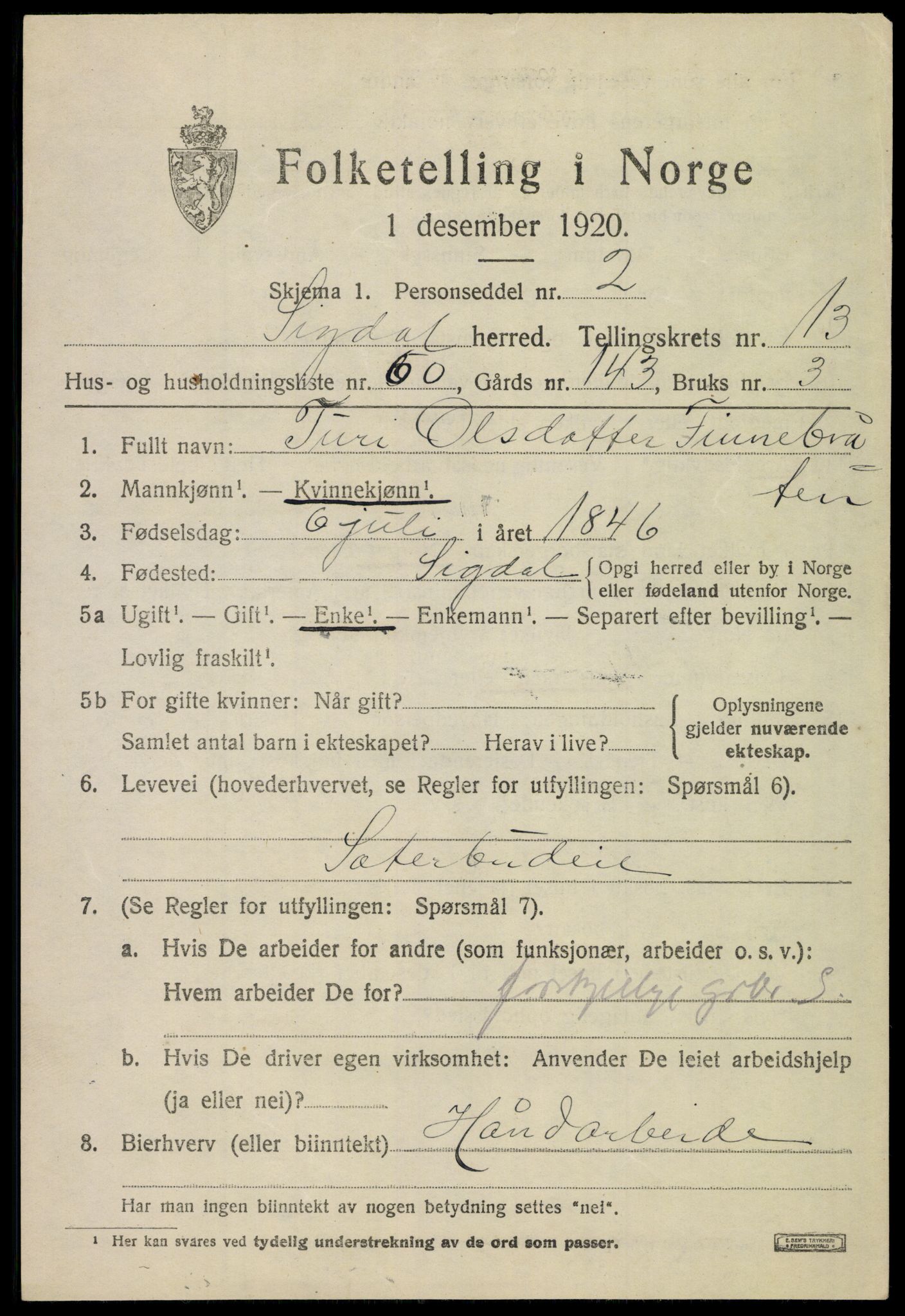 SAKO, 1920 census for Sigdal, 1920, p. 8664