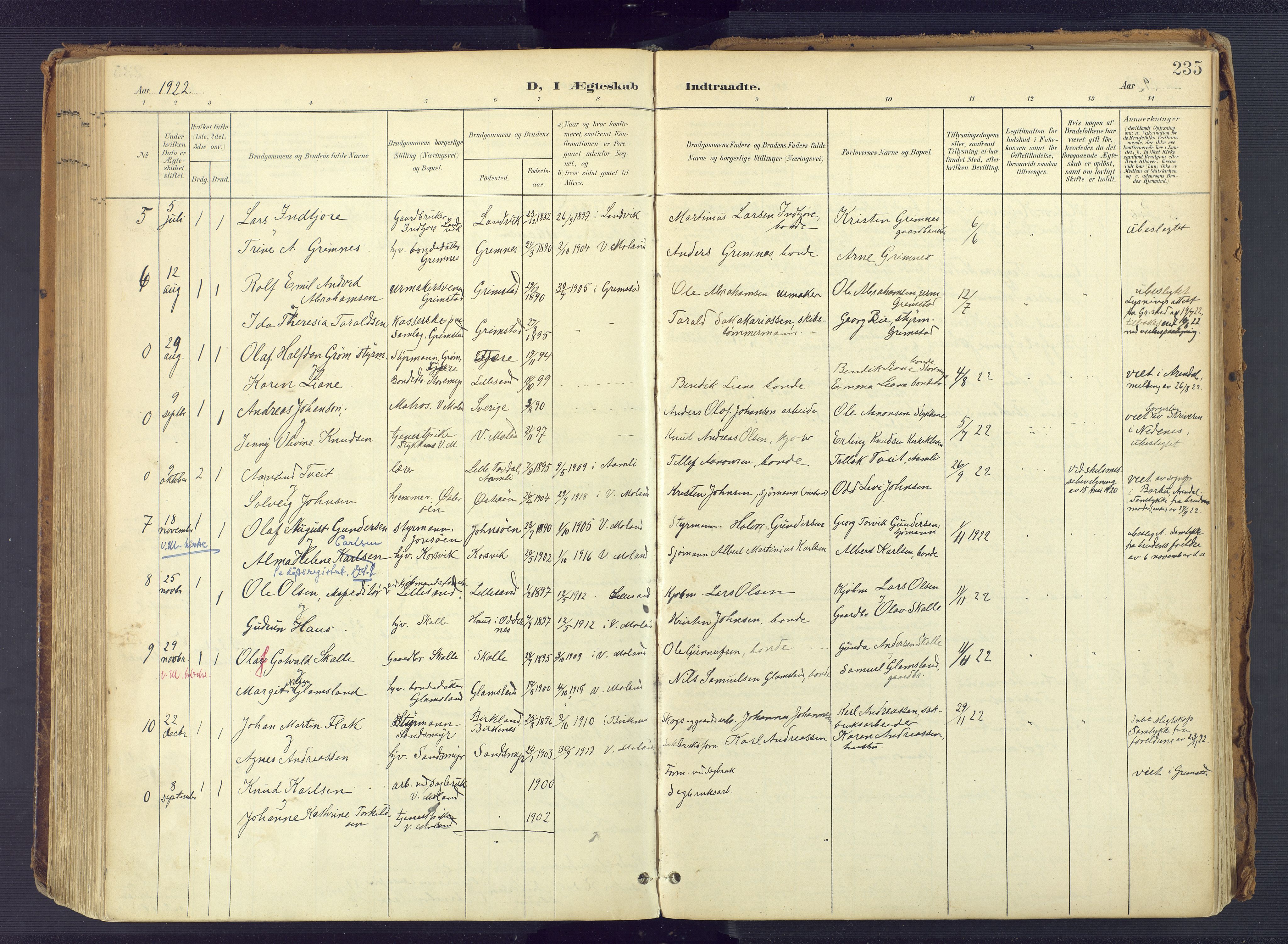 Vestre Moland sokneprestkontor, SAK/1111-0046/F/Fa/Fab/L0010: Parish register (official) no. A 10, 1900-1926, p. 235