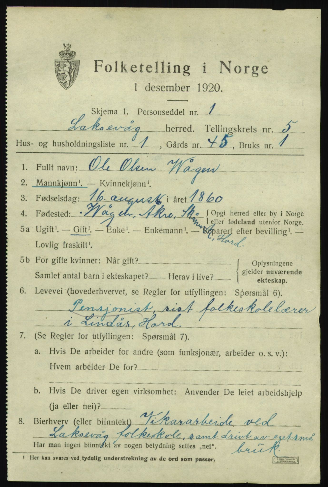 SAB, 1920 census for Laksevåg, 1920, p. 15186