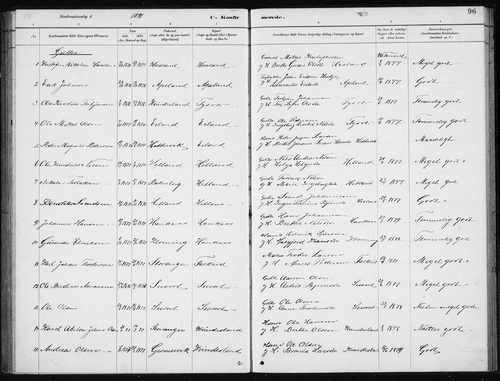 Tysvær sokneprestkontor, SAST/A -101864/H/Ha/Hab/L0004: Parish register (copy) no. B 4, 1883-1896, p. 96