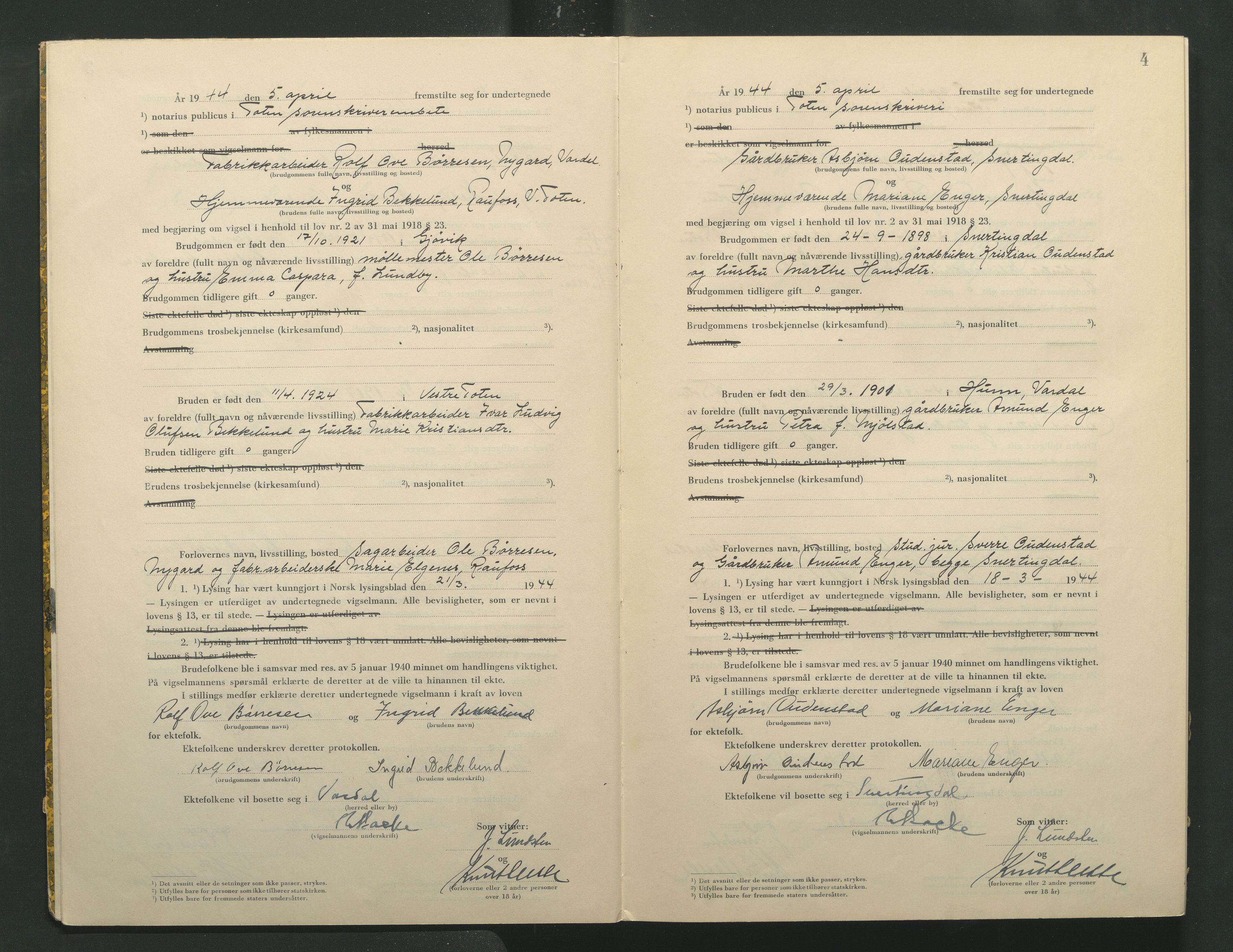 Toten tingrett, AV/SAH-TING-006/L/Lc/L0004: Vigselbok, 1944, p. 4