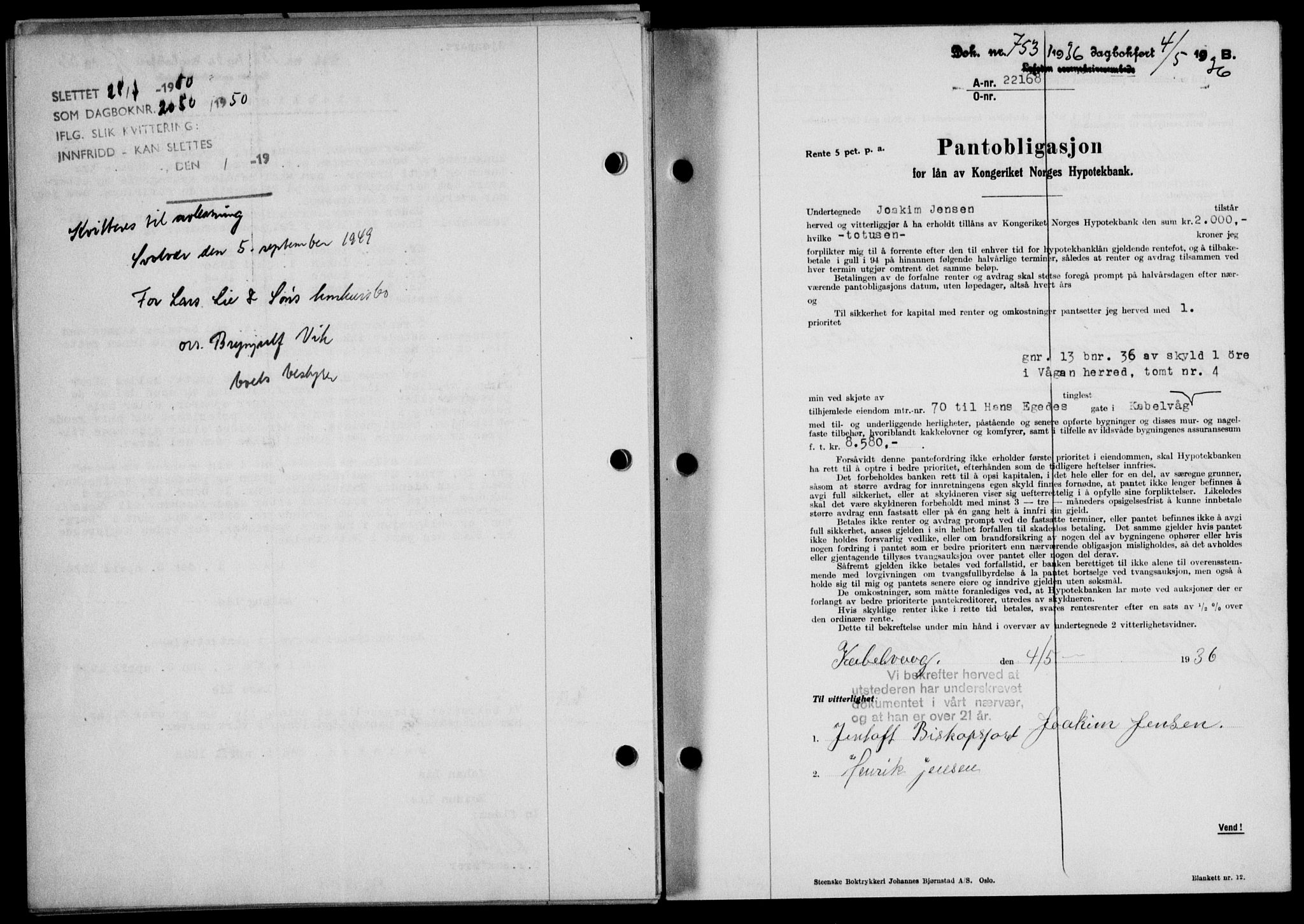 Lofoten sorenskriveri, SAT/A-0017/1/2/2C/L0033b: Mortgage book no. 33b, 1936-1936, Diary no: : 753/1936