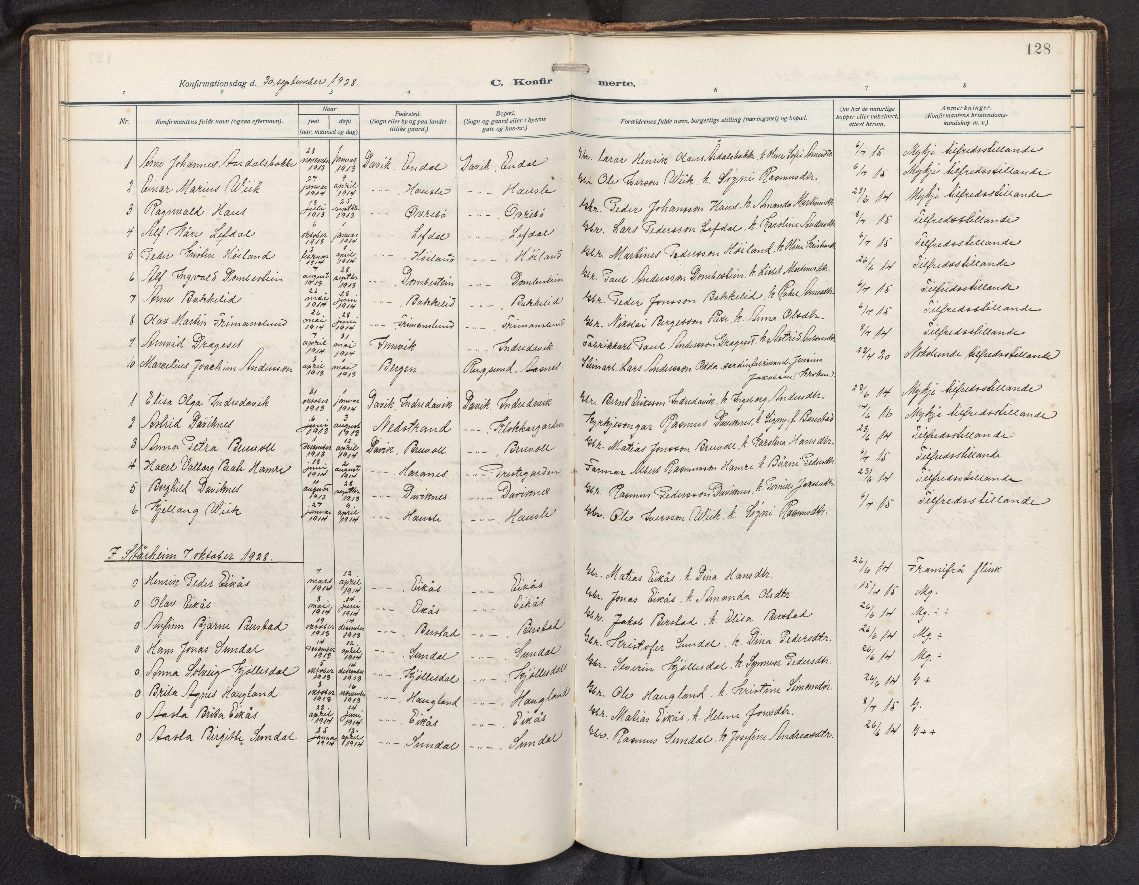 Davik sokneprestembete, AV/SAB-A-79701/H/Hab/Haba/L0003: Parish register (copy) no. A 3, 1912-1947, p. 127b-128a