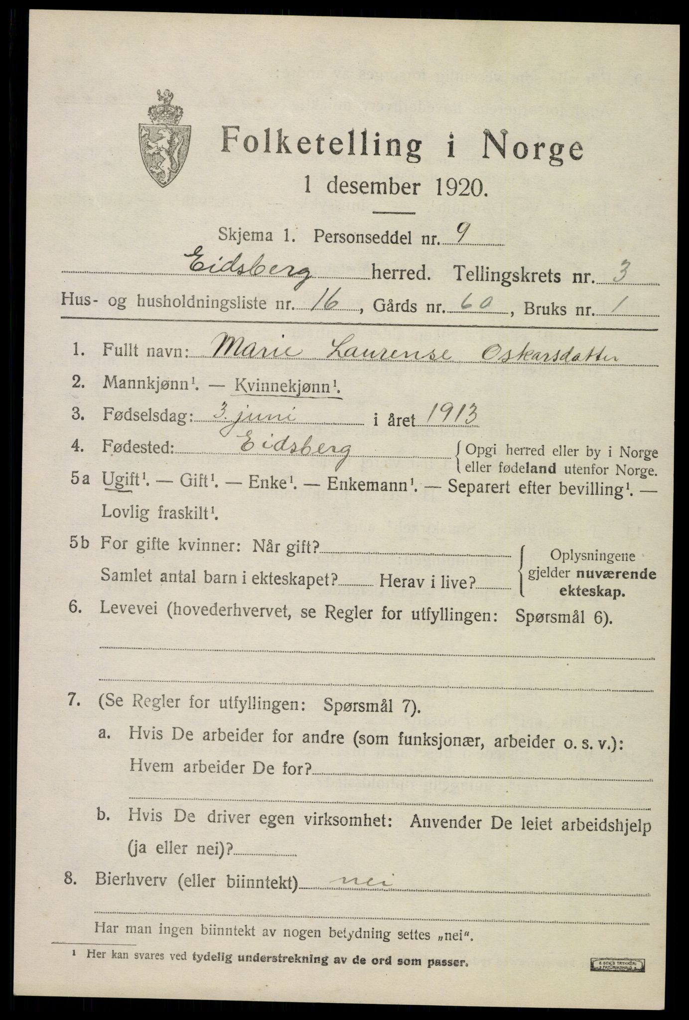SAO, 1920 census for Eidsberg, 1920, p. 4195