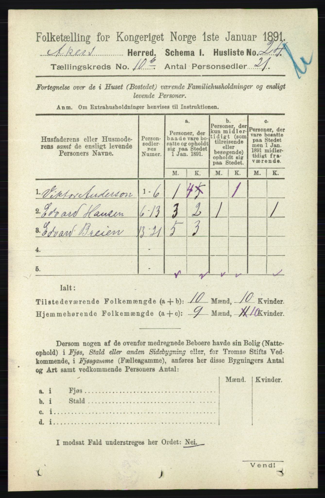 RA, 1891 census for 0218 Aker, 1891, p. 9576