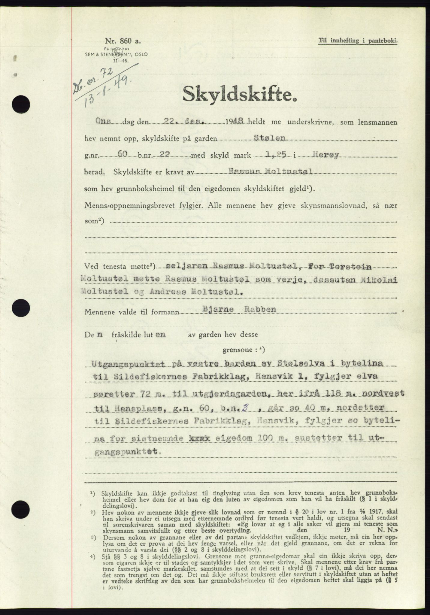 Søre Sunnmøre sorenskriveri, AV/SAT-A-4122/1/2/2C/L0083: Mortgage book no. 9A, 1948-1949, Diary no: : 72/1949