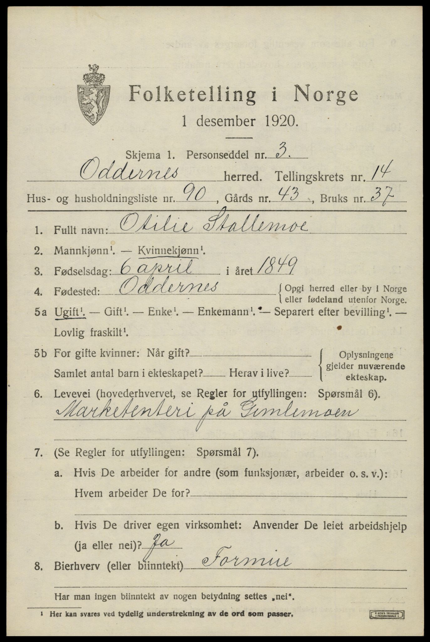 SAK, 1920 census for Oddernes, 1920, p. 9661