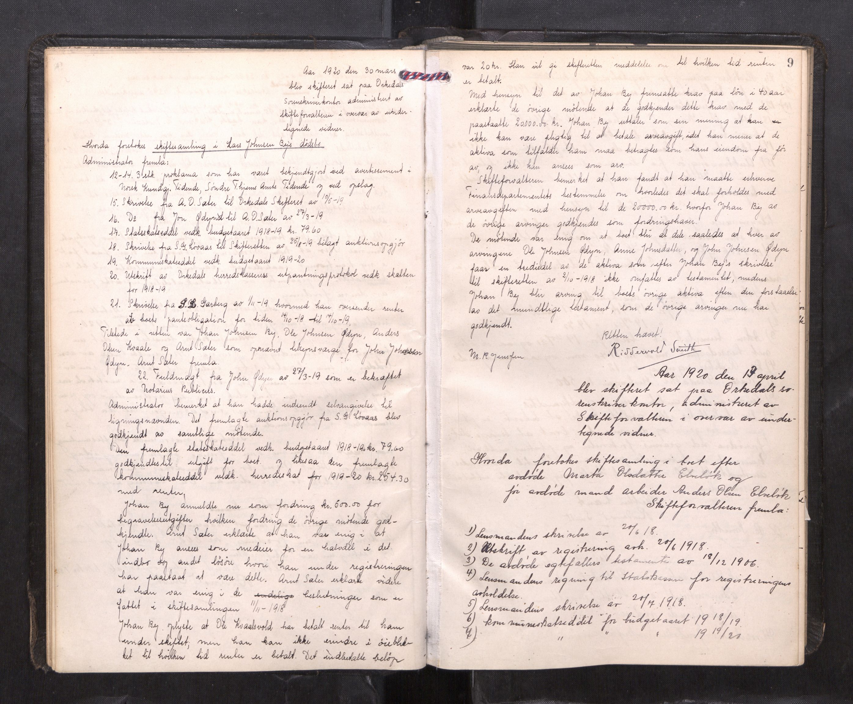 Orkdal sorenskriveri, AV/SAT-A-4169/1/3/3B/L0015: Skiftebehandlingsprotokoll, 1919-1927, p. 8b-9a