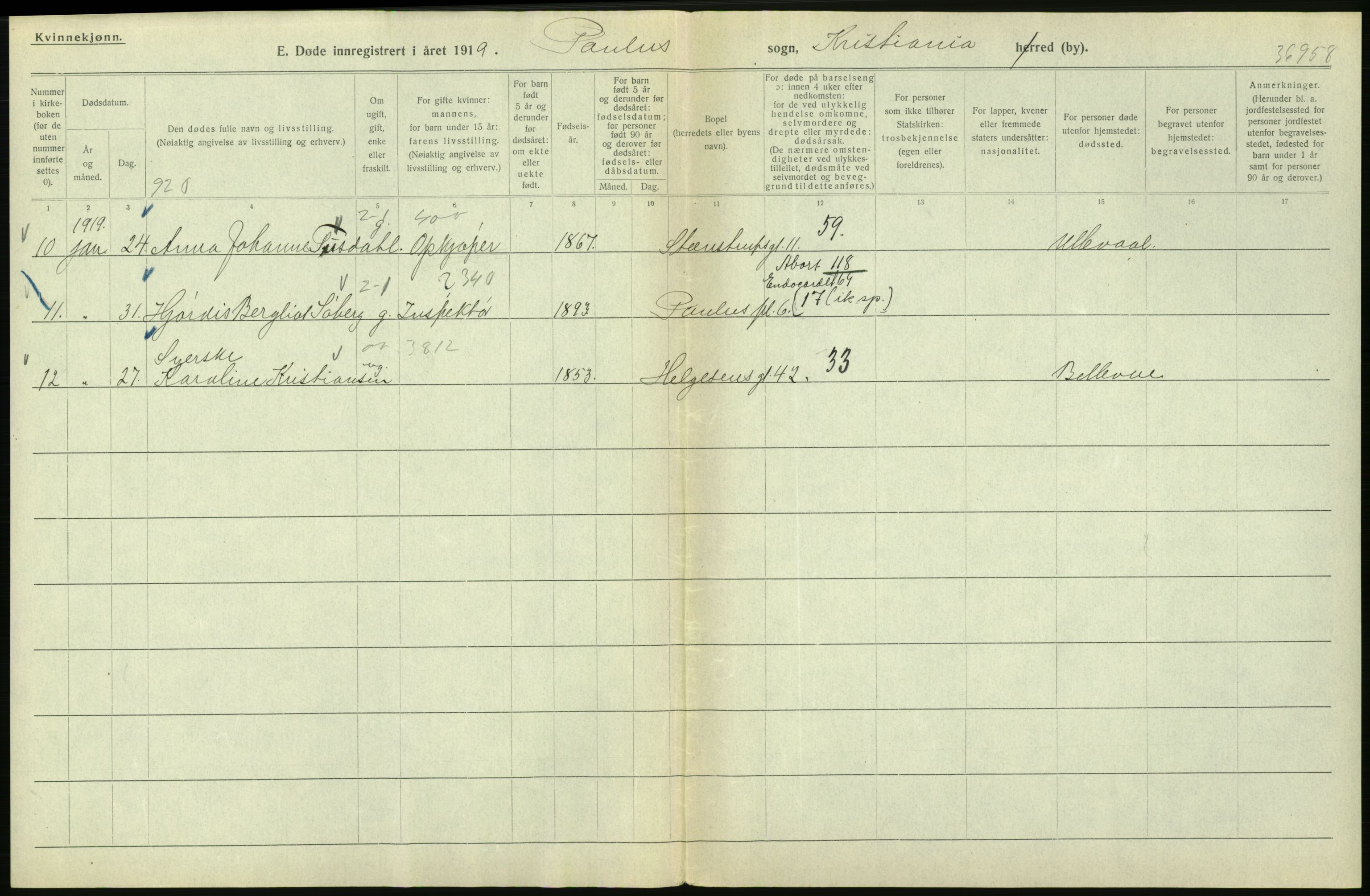 Statistisk sentralbyrå, Sosiodemografiske emner, Befolkning, AV/RA-S-2228/D/Df/Dfb/Dfbi/L0010: Kristiania: Døde, 1919, p. 594