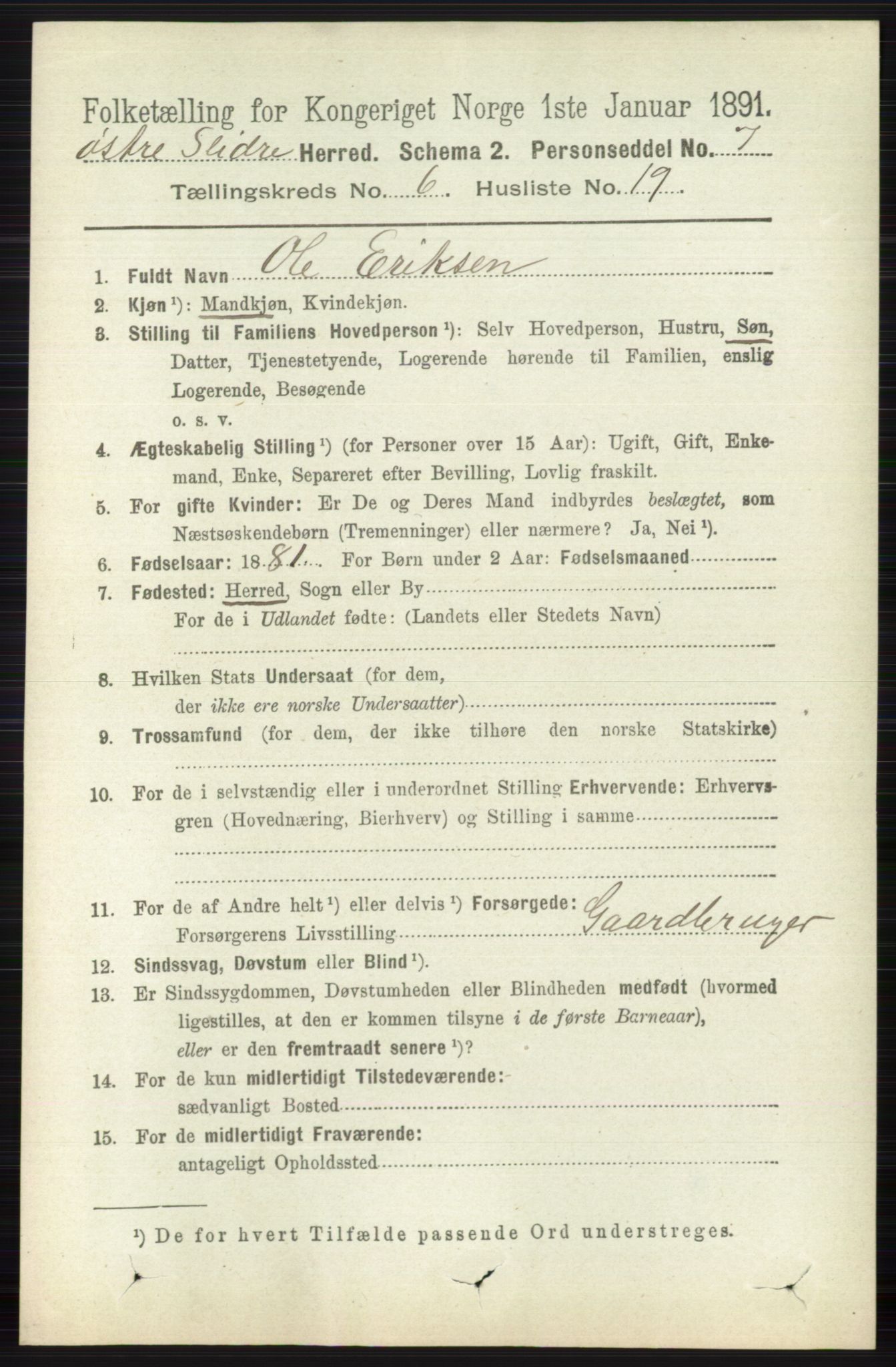 RA, 1891 census for 0544 Øystre Slidre, 1891, p. 1900