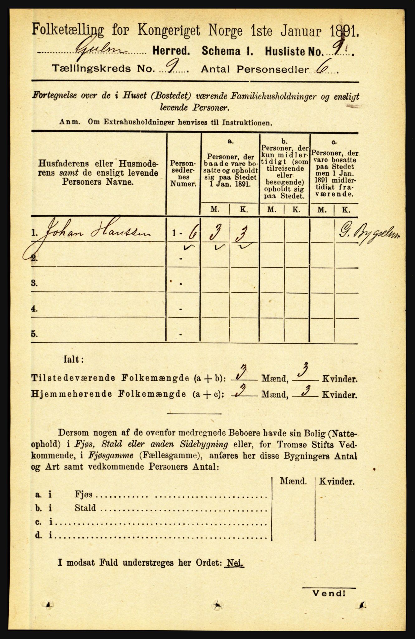 RA, 1891 census for 1411 Gulen, 1891, p. 2713