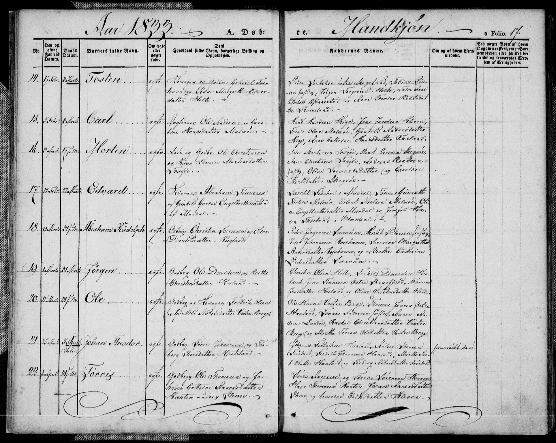Mandal sokneprestkontor, SAK/1111-0030/F/Fa/Faa/L0011: Parish register (official) no. A 11, 1830-1839, p. 17