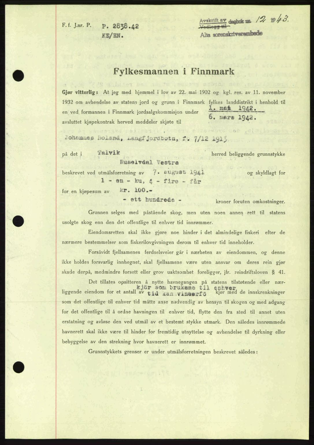 Alta fogderi/sorenskriveri, SATØ/SATØ-5/1/K/Kd/L0033pantebok: Mortgage book no. 33, 1940-1943, Diary no: : 12/1943