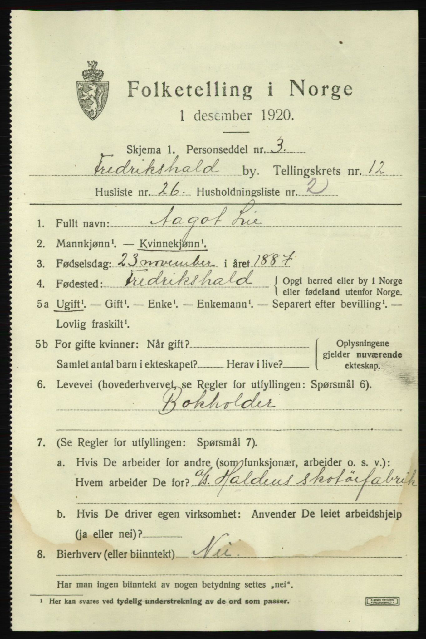 SAO, 1920 census for Fredrikshald, 1920, p. 20479