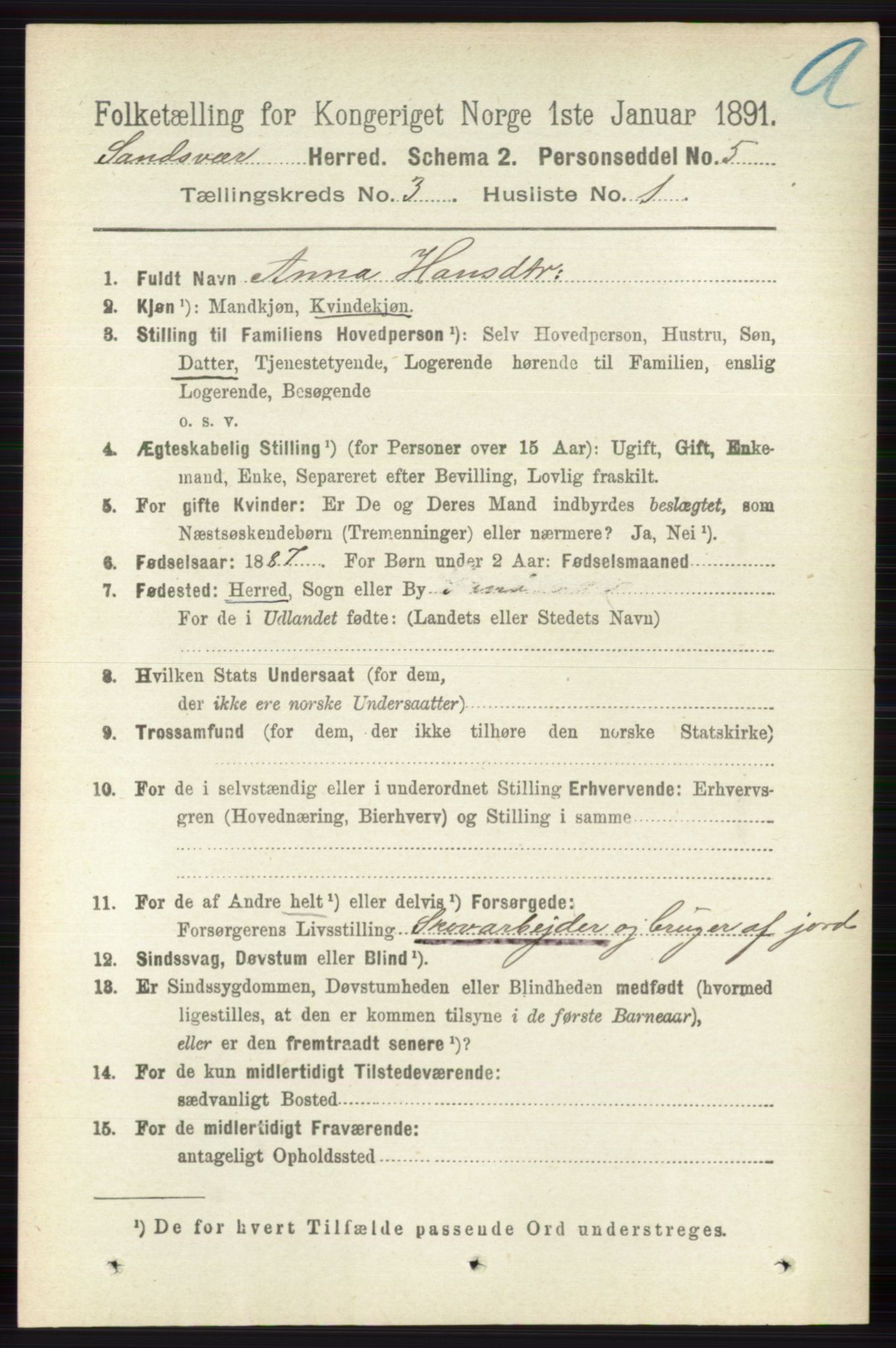 RA, 1891 census for 0629 Sandsvær, 1891, p. 1291