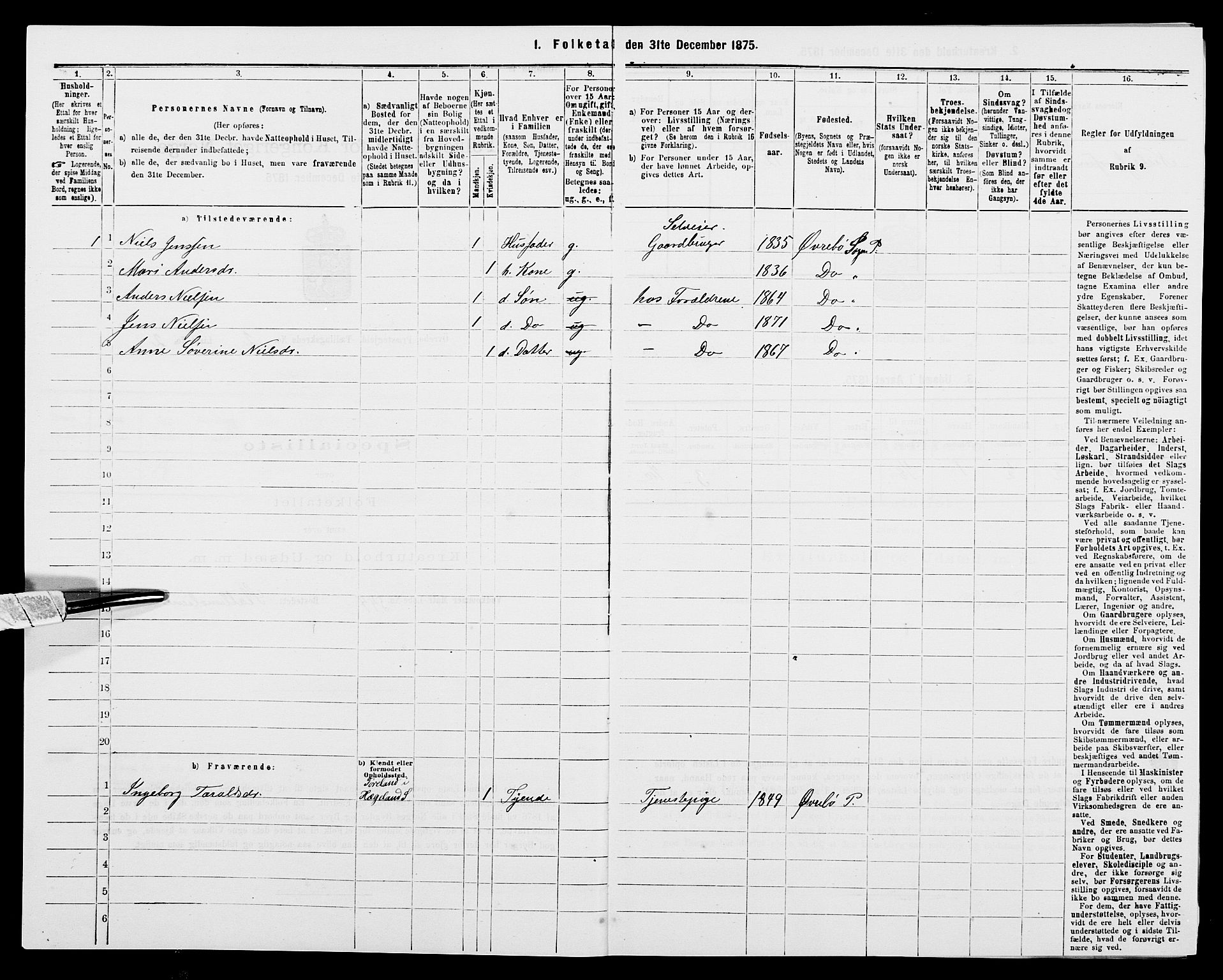 SAK, 1875 census for 1016P Øvrebø, 1875, p. 176