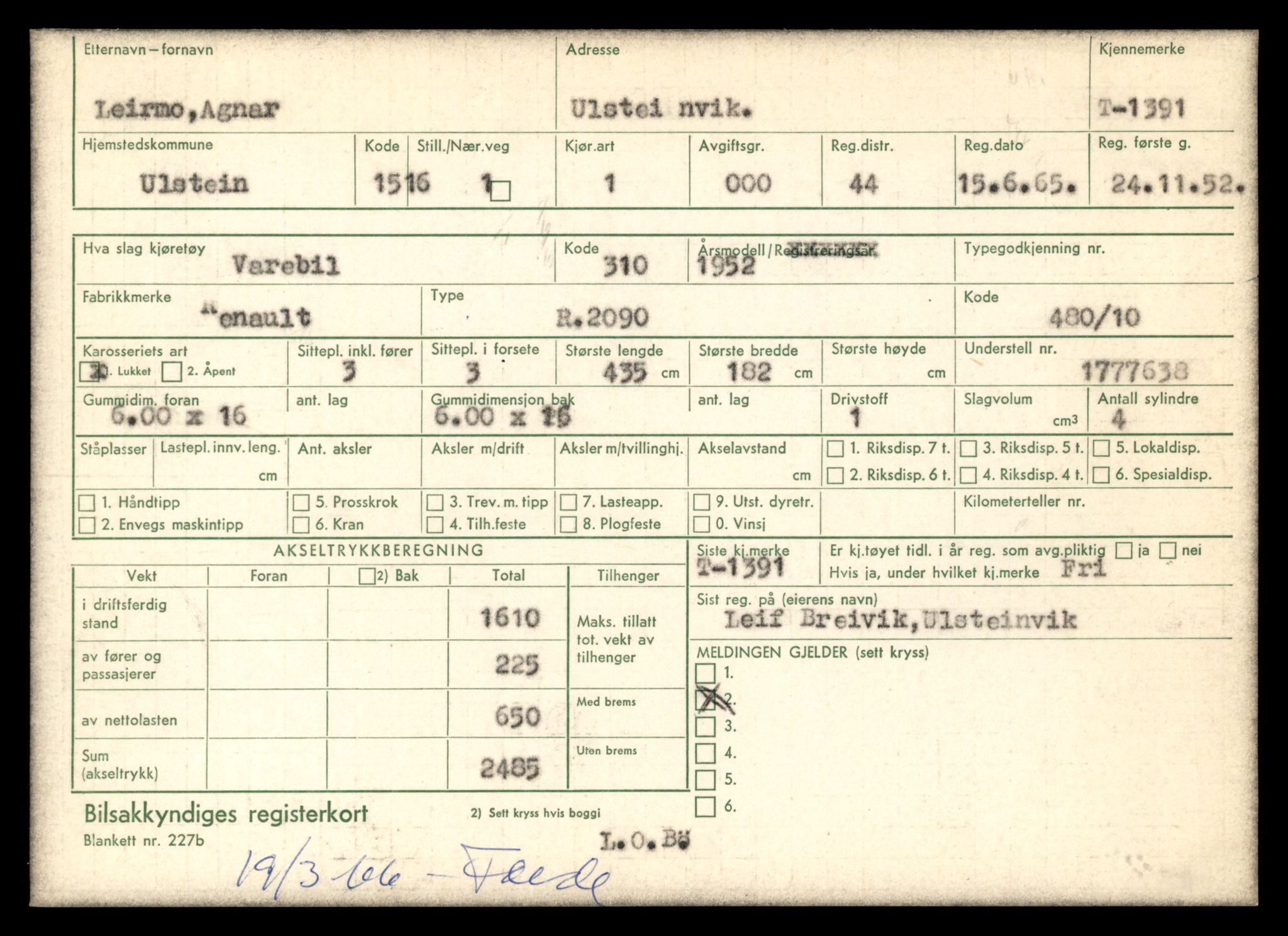 Møre og Romsdal vegkontor - Ålesund trafikkstasjon, SAT/A-4099/F/Fe/L0012: Registreringskort for kjøretøy T 1290 - T 1450, 1927-1998, p. 2218