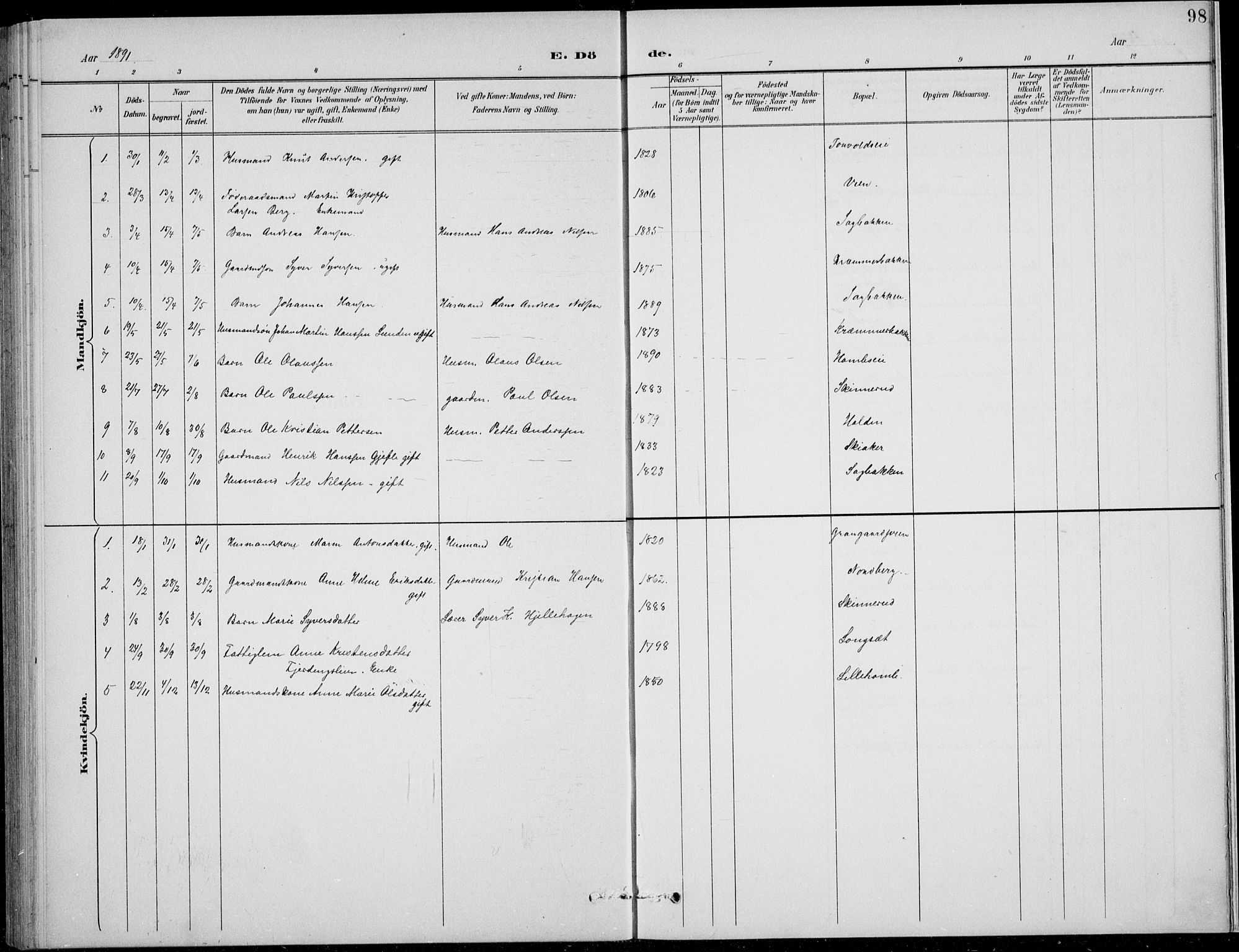 Nordre Land prestekontor, SAH/PREST-124/H/Ha/Hab/L0014: Parish register (copy) no. 14, 1891-1907, p. 98