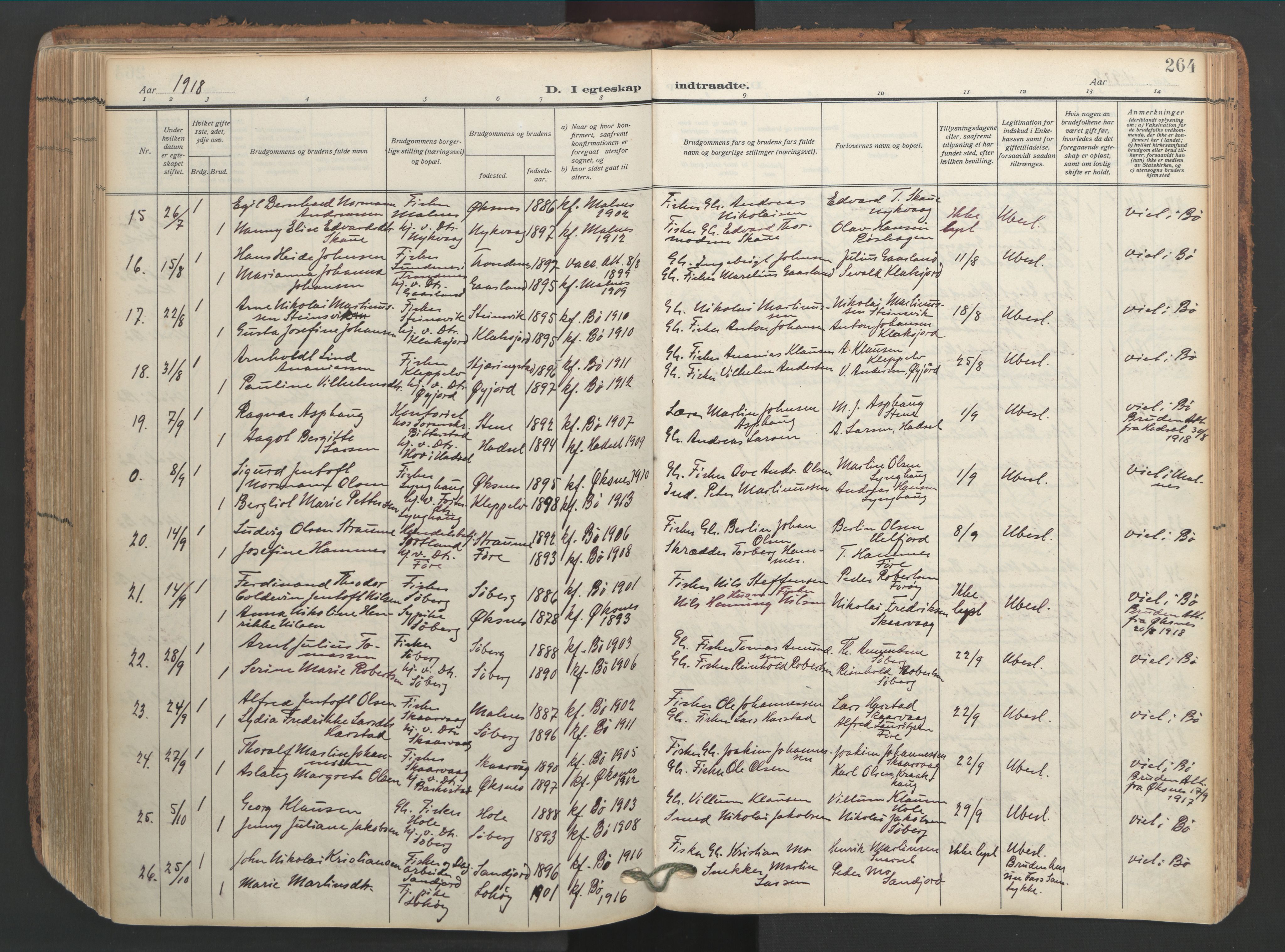 Ministerialprotokoller, klokkerbøker og fødselsregistre - Nordland, SAT/A-1459/891/L1306: Parish register (official) no. 891A11, 1911-1927, p. 264