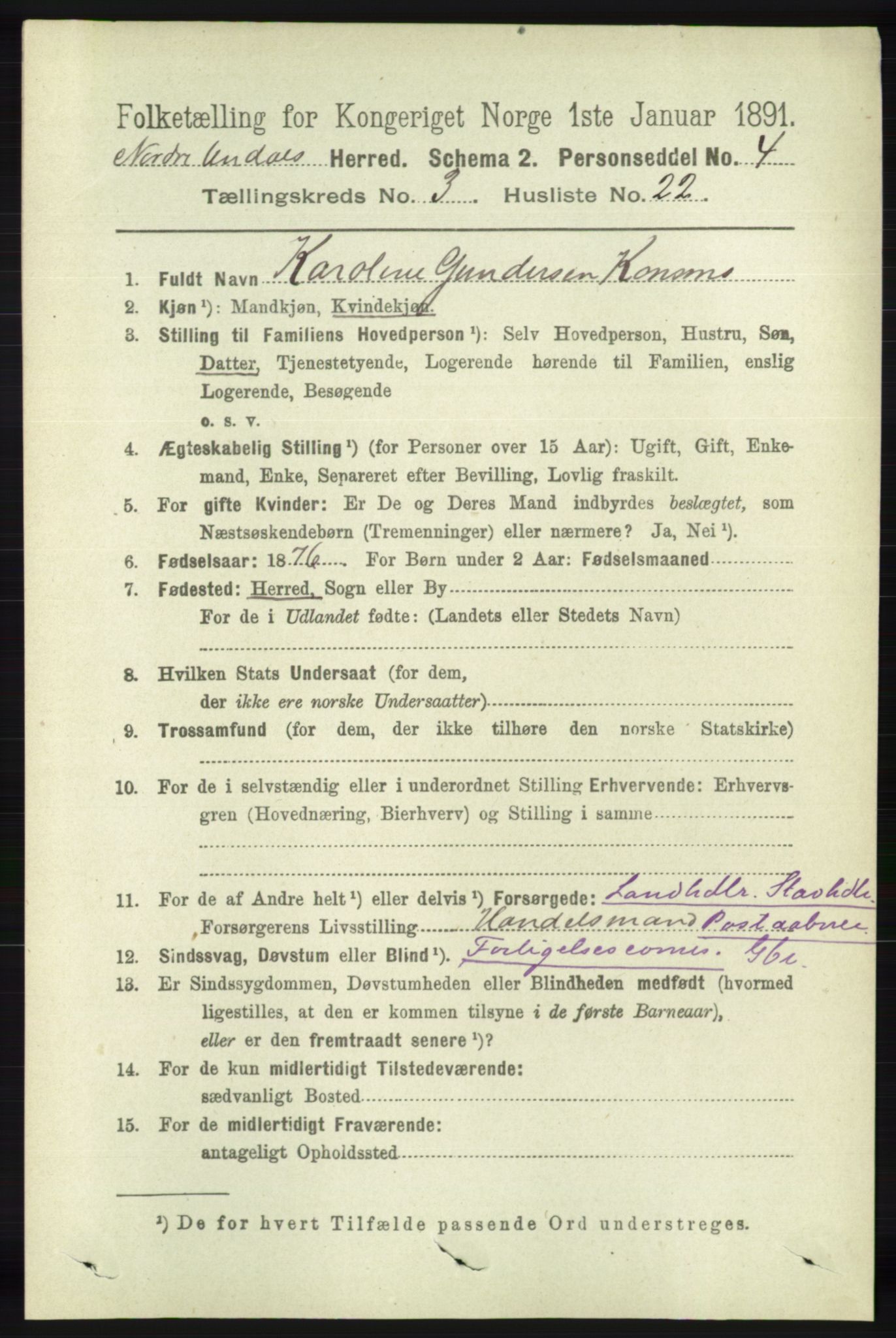 RA, 1891 census for 1028 Nord-Audnedal, 1891, p. 857