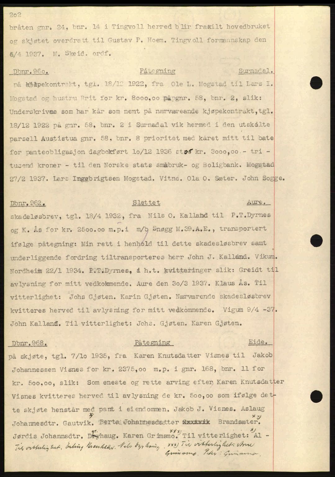 Nordmøre sorenskriveri, AV/SAT-A-4132/1/2/2Ca: Mortgage book no. C80, 1936-1939, Diary no: : 960/1937