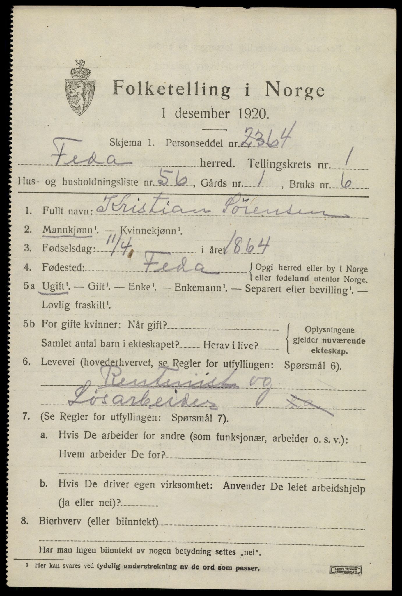 SAK, 1920 census for Feda, 1920, p. 925