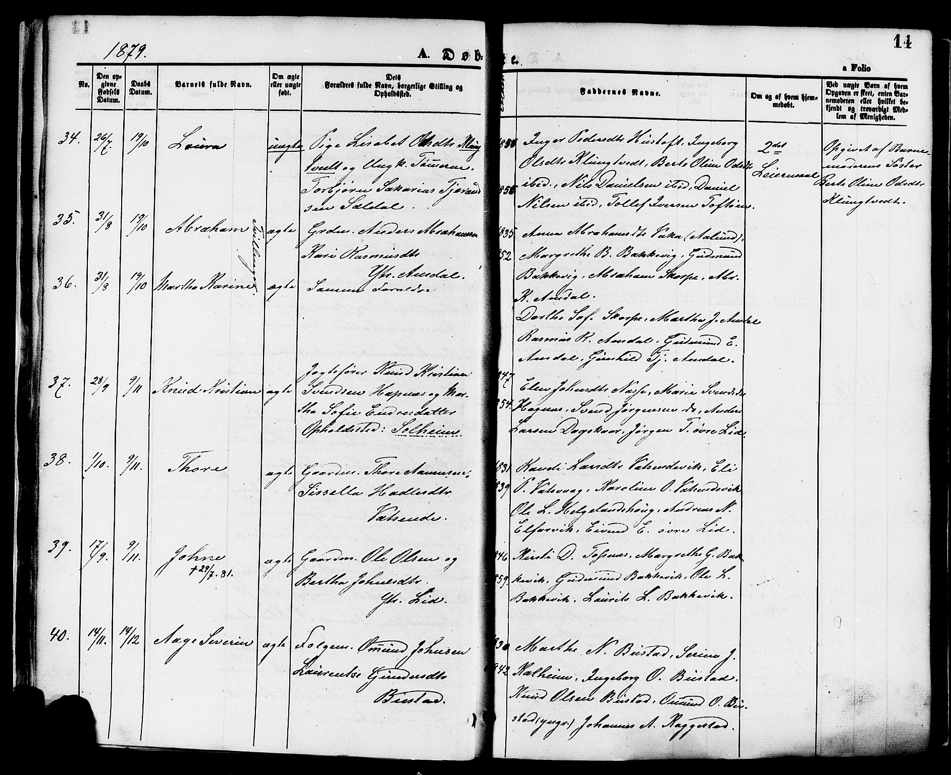 Nedstrand sokneprestkontor, SAST/A-101841/01/IV: Parish register (official) no. A 11, 1877-1887, p. 14