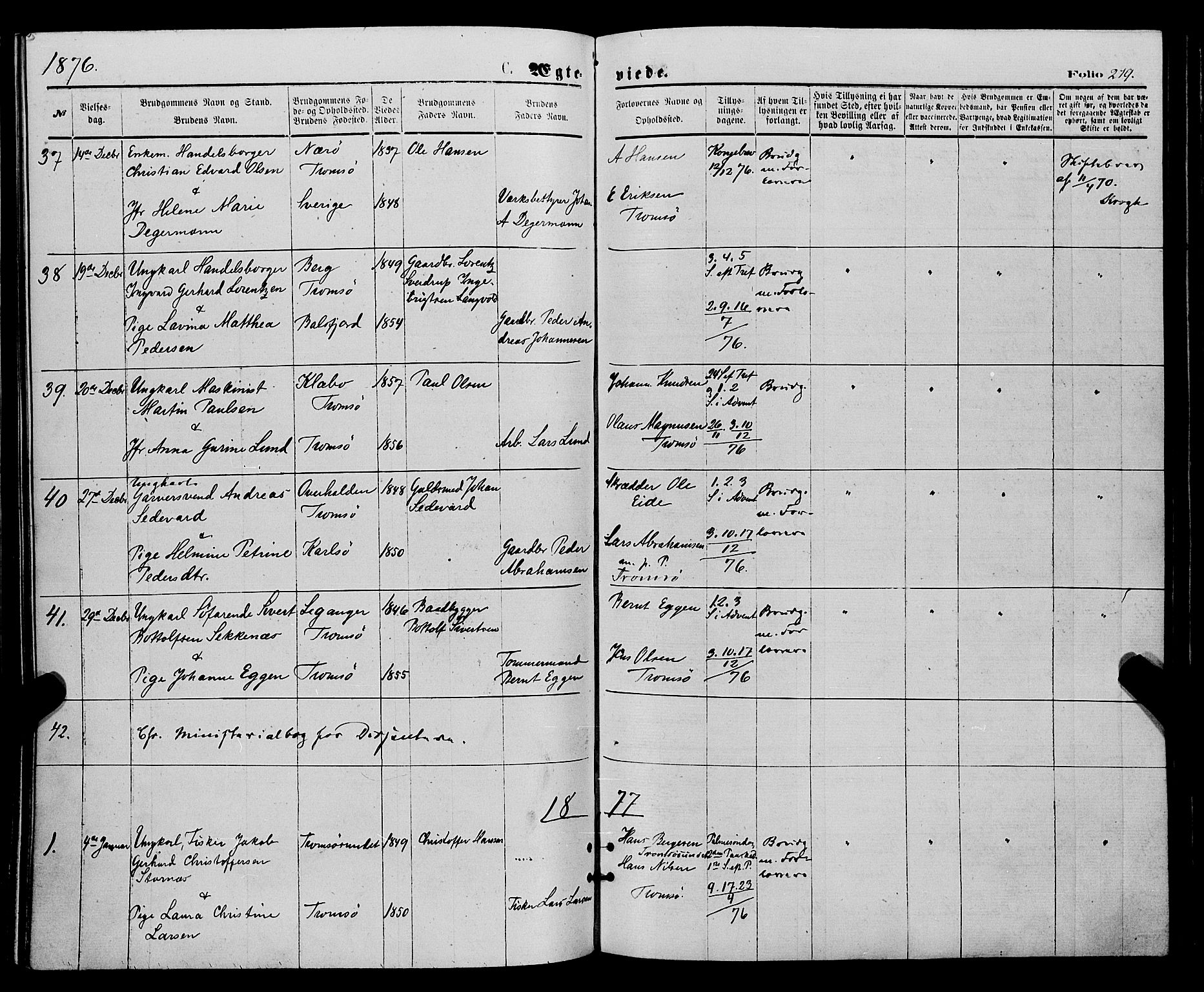 Tromsø sokneprestkontor/stiftsprosti/domprosti, SATØ/S-1343/G/Ga/L0013kirke: Parish register (official) no. 13, 1872-1877, p. 219