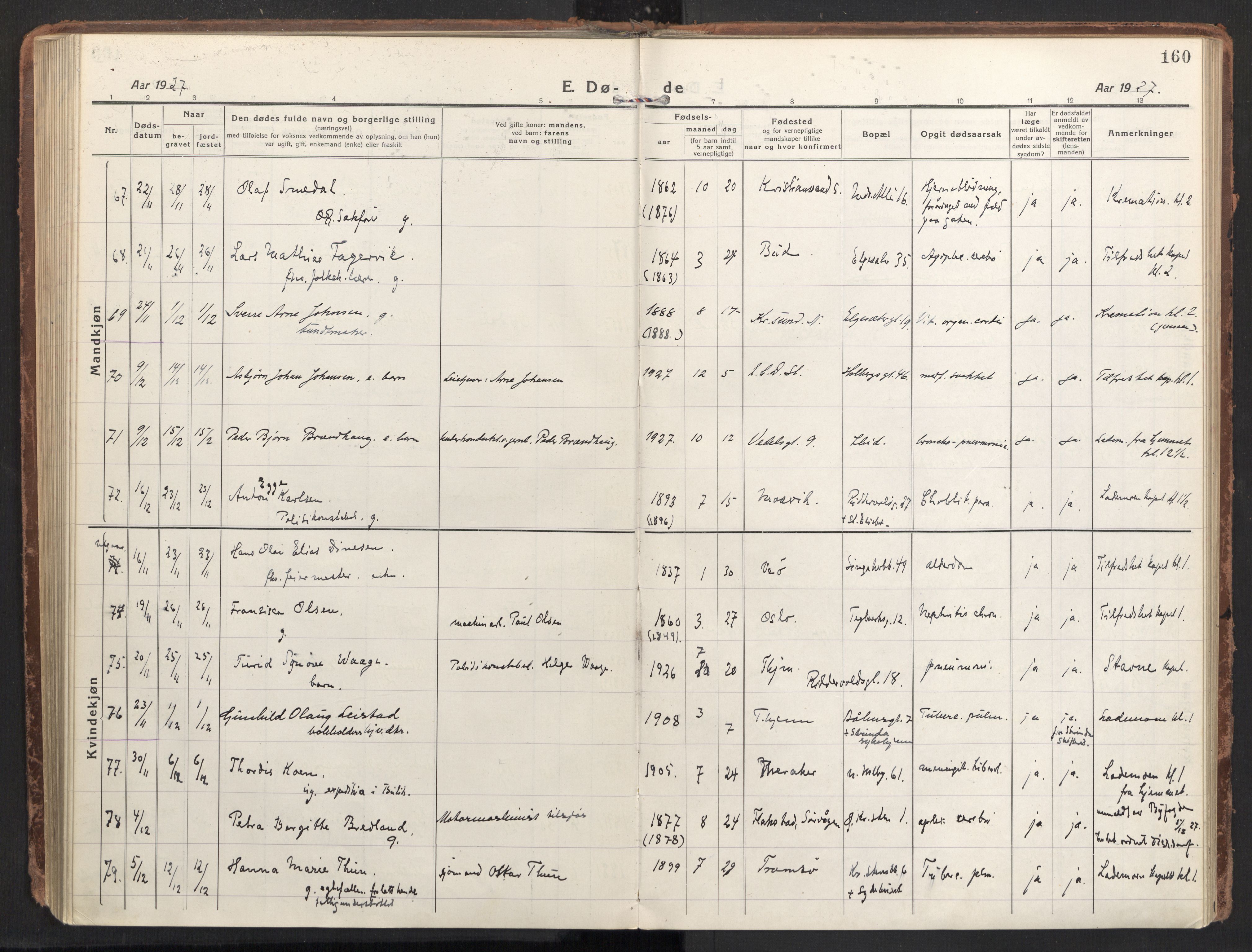Ministerialprotokoller, klokkerbøker og fødselsregistre - Sør-Trøndelag, SAT/A-1456/604/L0207: Parish register (official) no. 604A27, 1917-1933, p. 160