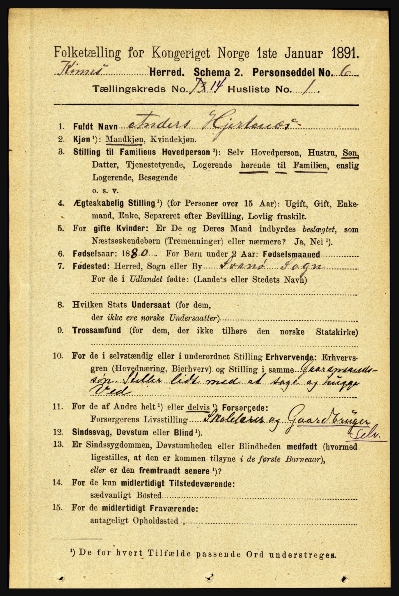 RA, 1891 census for 1437 Kinn, 1891, p. 5457