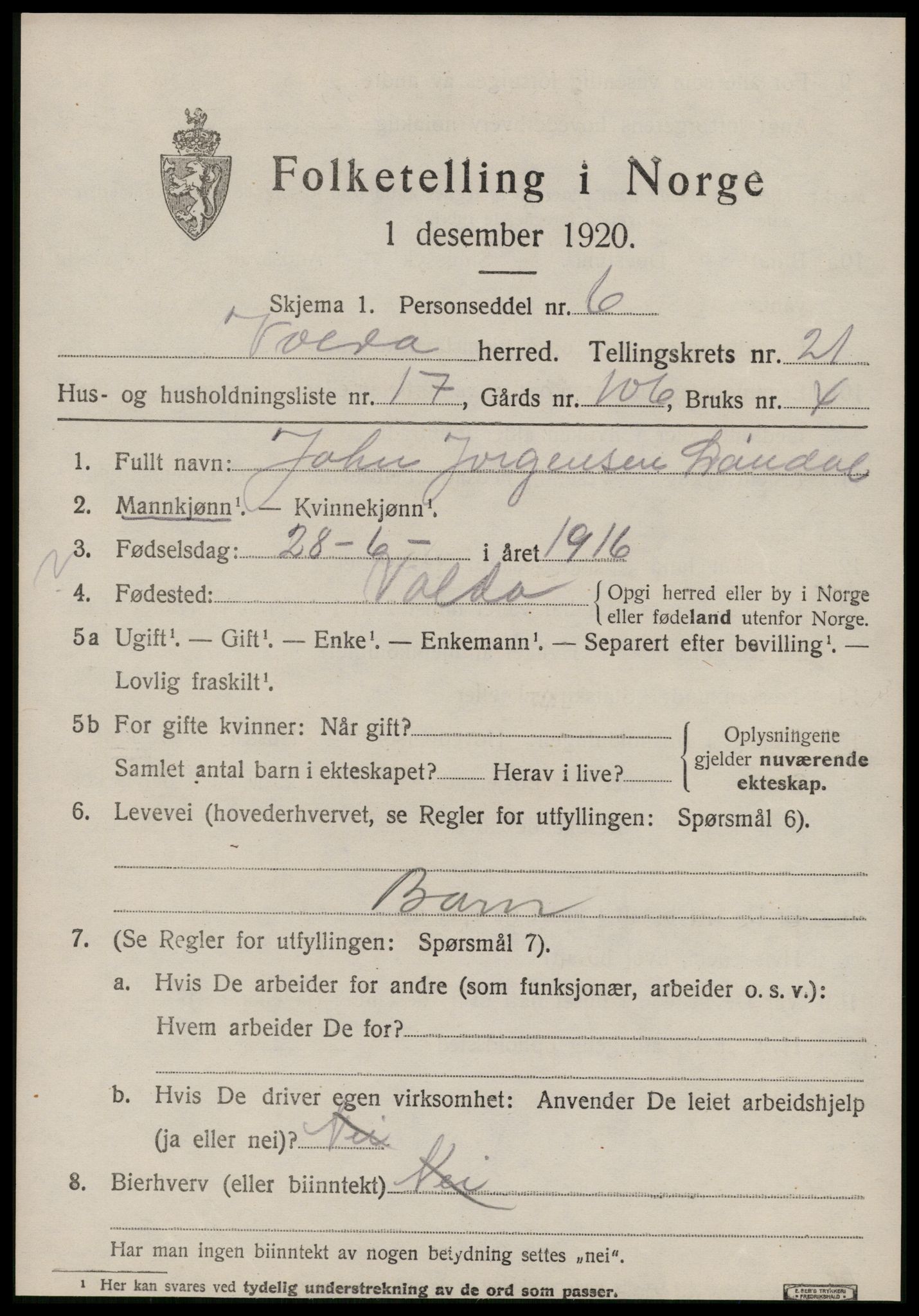 SAT, 1920 census for Volda, 1920, p. 11168