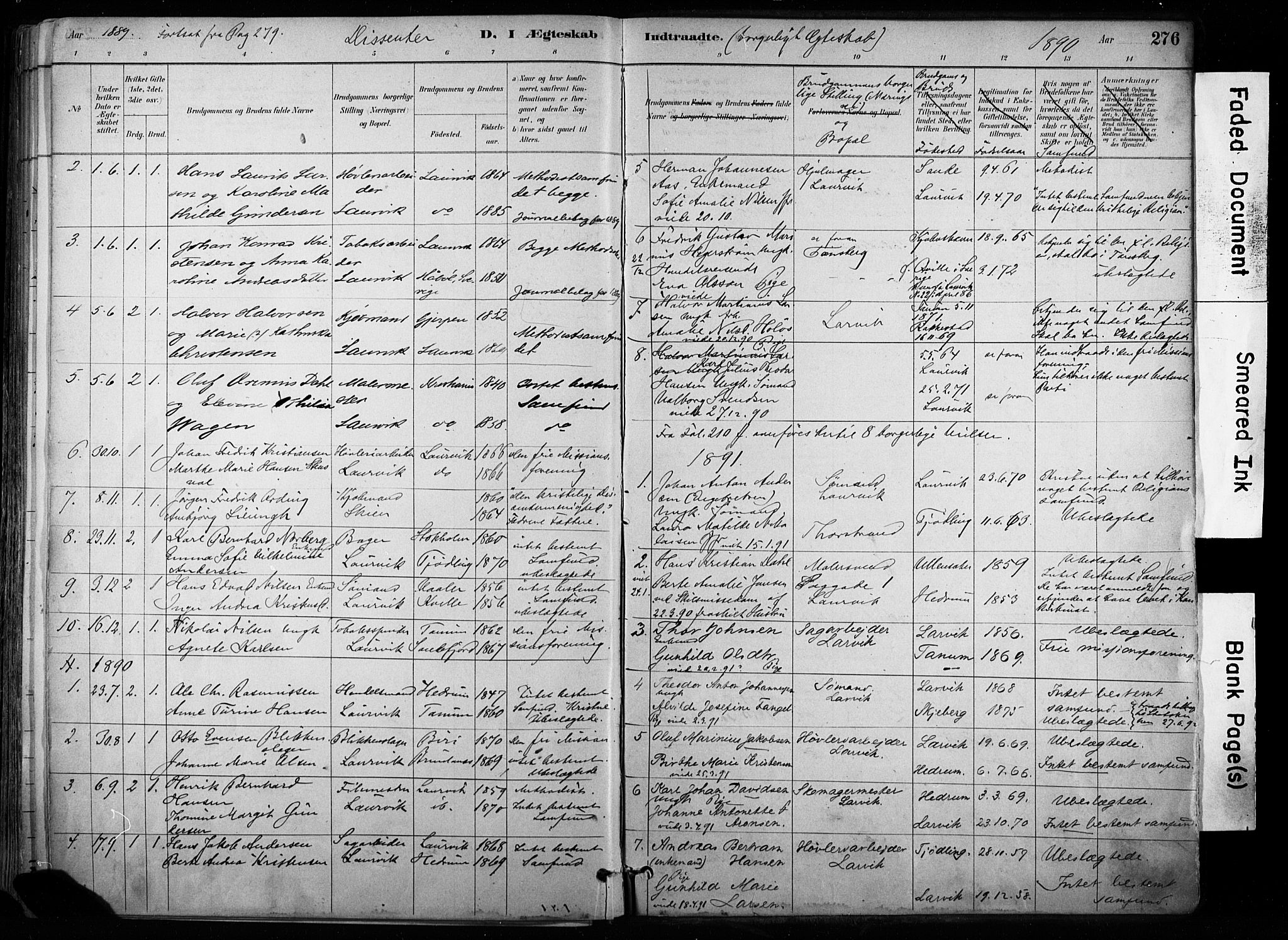 Larvik kirkebøker, AV/SAKO-A-352/F/Fa/L0008: Parish register (official) no. I 8, 1884-1902, p. 276