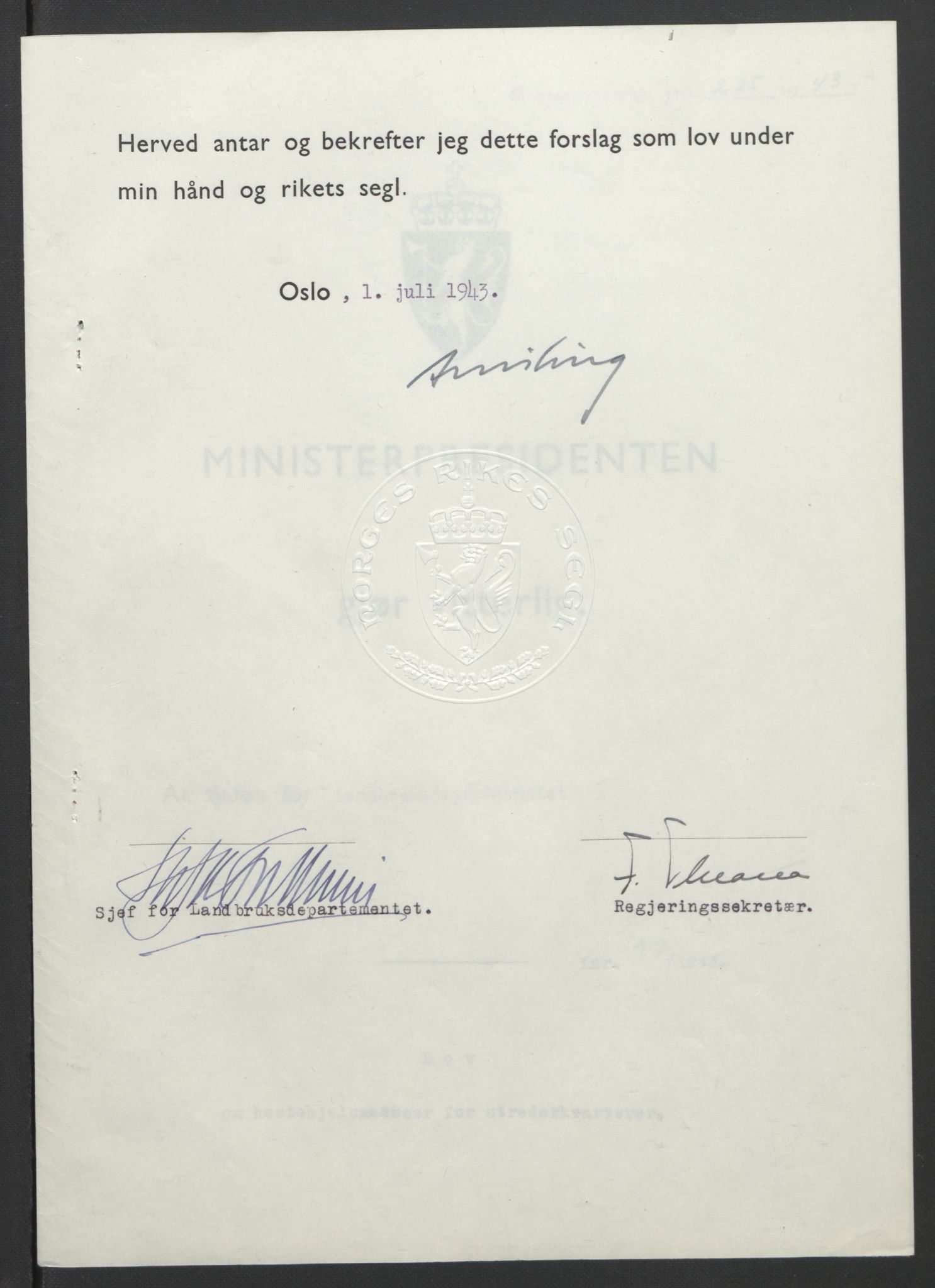 NS-administrasjonen 1940-1945 (Statsrådsekretariatet, de kommisariske statsråder mm), RA/S-4279/D/Db/L0099: Lover, 1943, p. 445