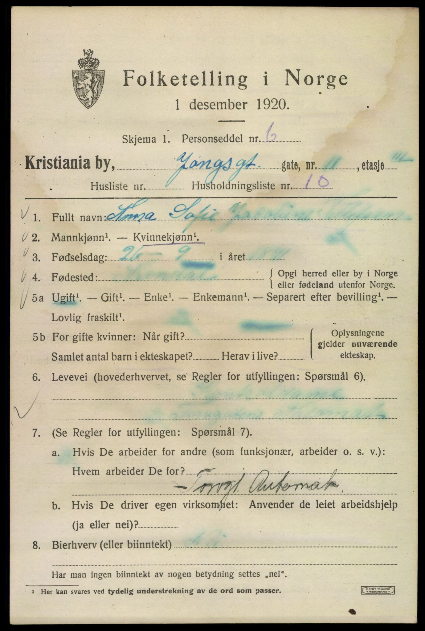 SAO, 1920 census for Kristiania, 1920, p. 654261