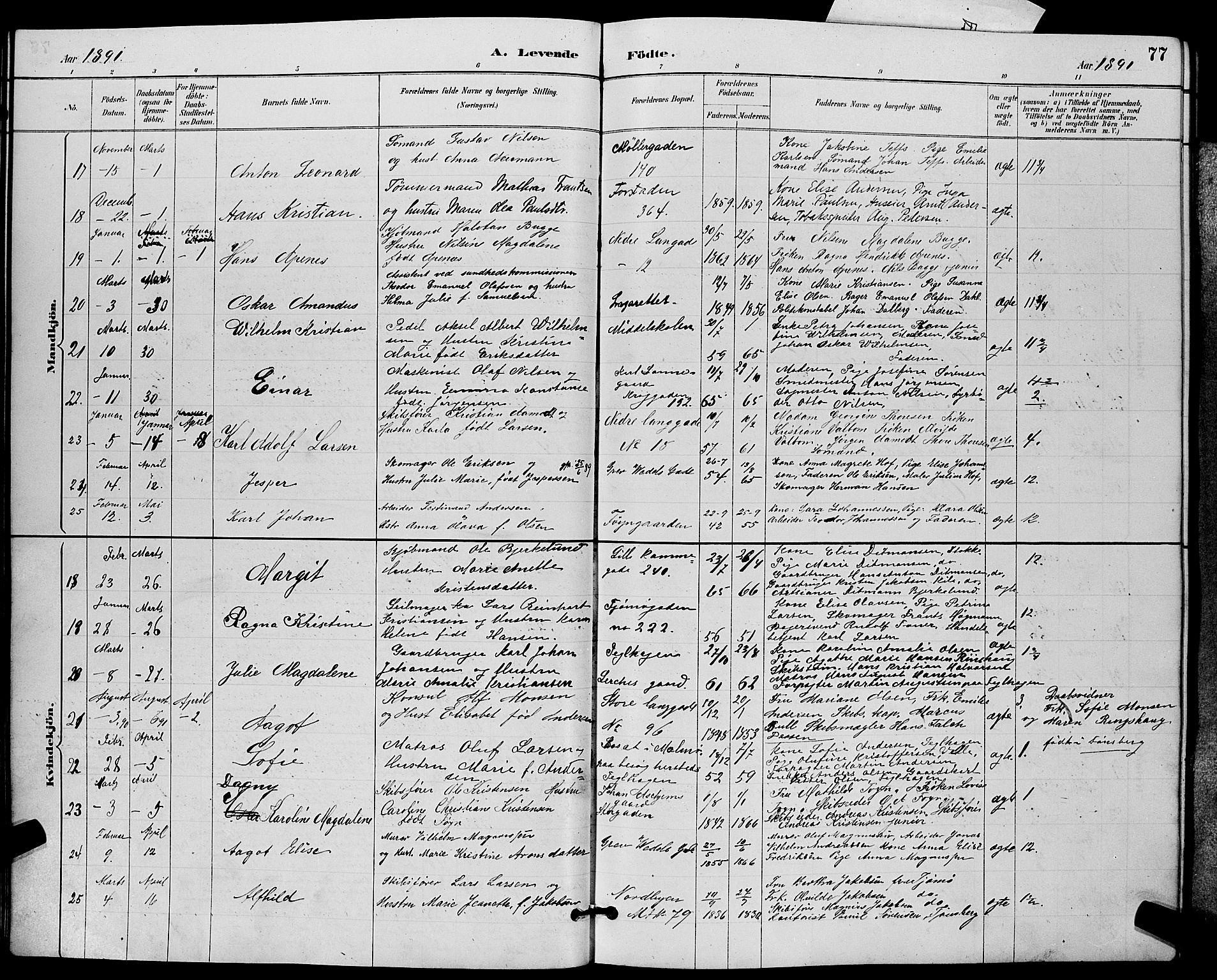 Tønsberg kirkebøker, AV/SAKO-A-330/G/Ga/L0006: Parish register (copy) no. 6, 1885-1895, p. 77