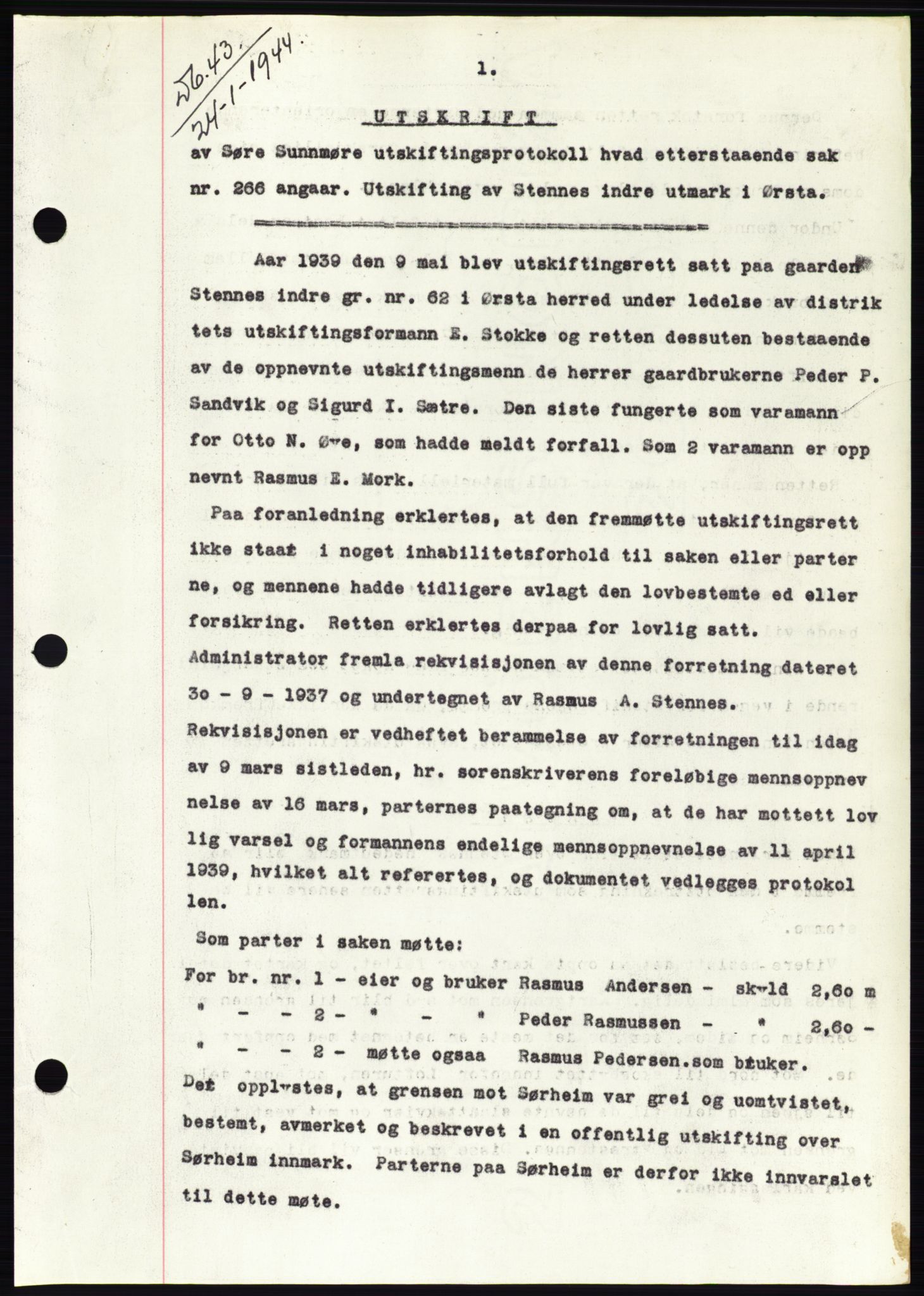 Søre Sunnmøre sorenskriveri, AV/SAT-A-4122/1/2/2C/L0076: Mortgage book no. 2A, 1943-1944, Diary no: : 43/1944