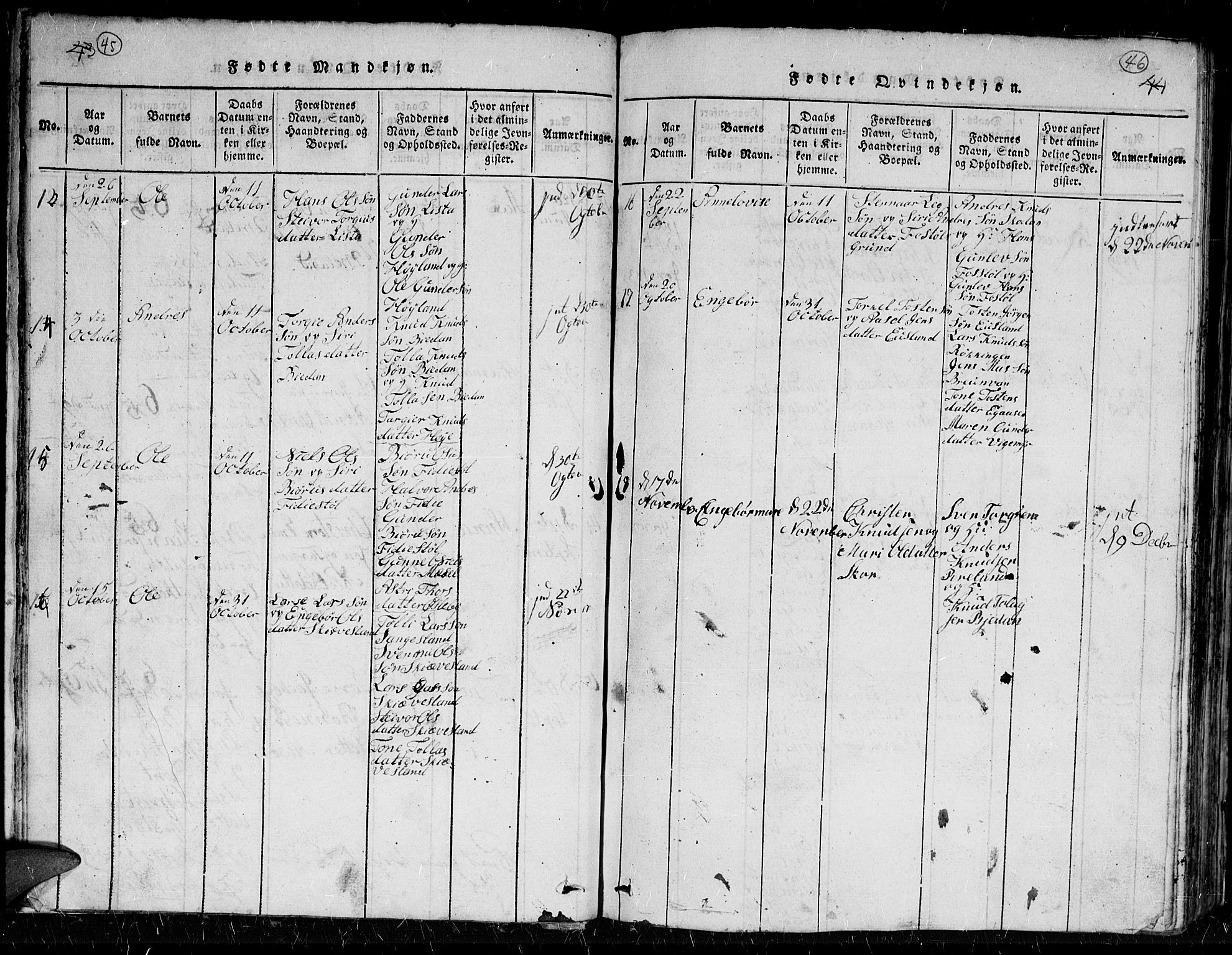 Holum sokneprestkontor, SAK/1111-0022/F/Fb/Fbc/L0001: Parish register (copy) no. B 1, 1820-1859, p. 45-46